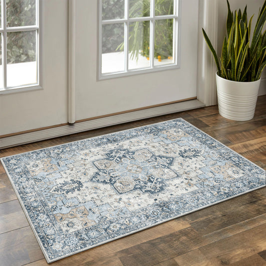 Roehit Oriental Performance Machine Washable Blue / Ivory Area Rug