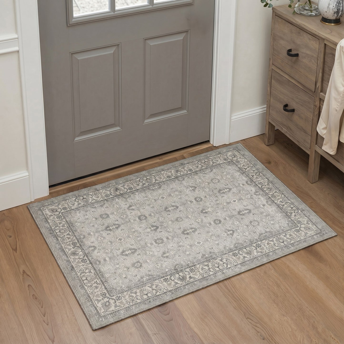KUETH 8X10 Machine Washable Area Rug, Low Pile Non-Slip Backing Carpet for Living Room and Bedroom, Pet-Friendly Vintage Floral Medallion Rug, Gray