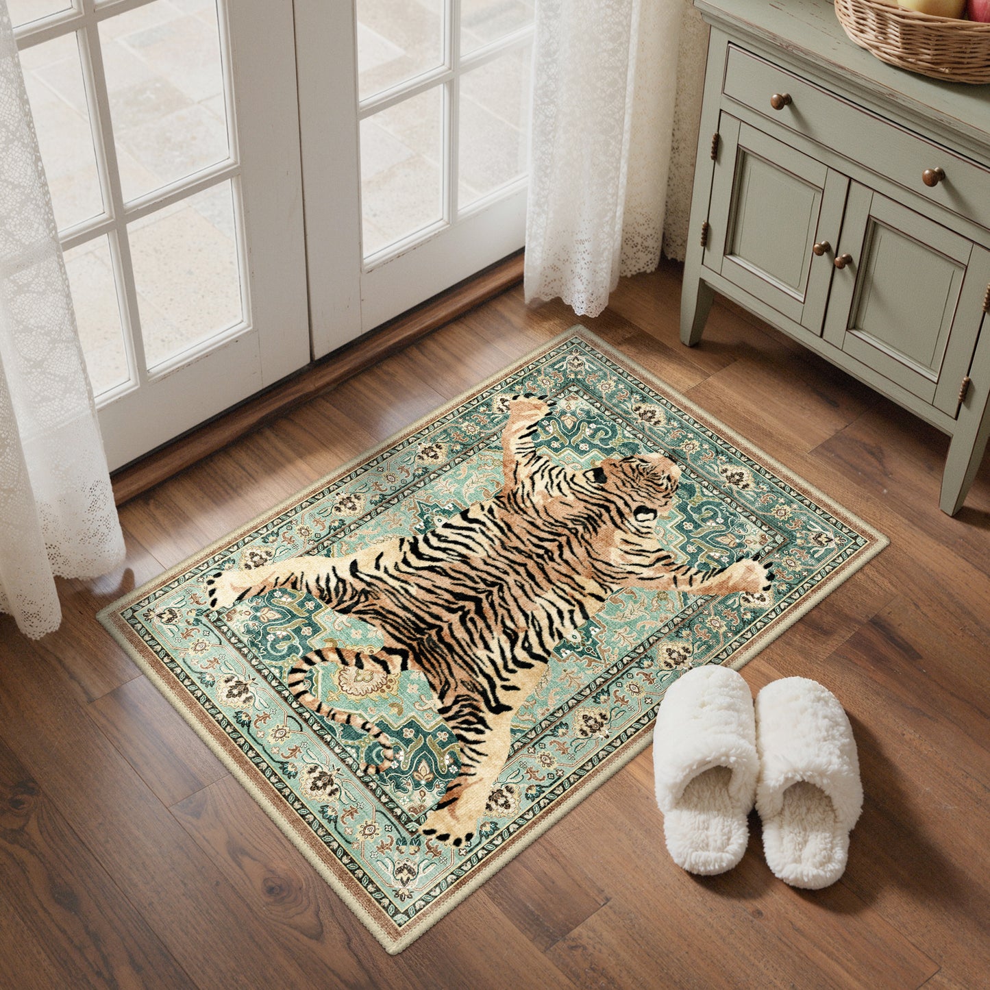 KUETH 5'x7' Tiger Area Rugs for Living Room, Non Slip Machine Washable Vintage Boho Rug, Low Pile Print Rug for Bedroom Dining Room Home Office