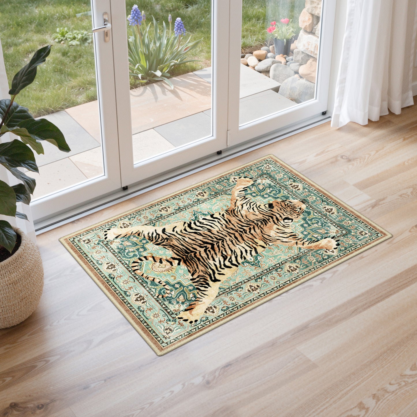 KUETH 5'x7' Tiger Area Rugs for Living Room, Non Slip Machine Washable Vintage Boho Rug, Low Pile Print Rug for Bedroom Dining Room Home Office