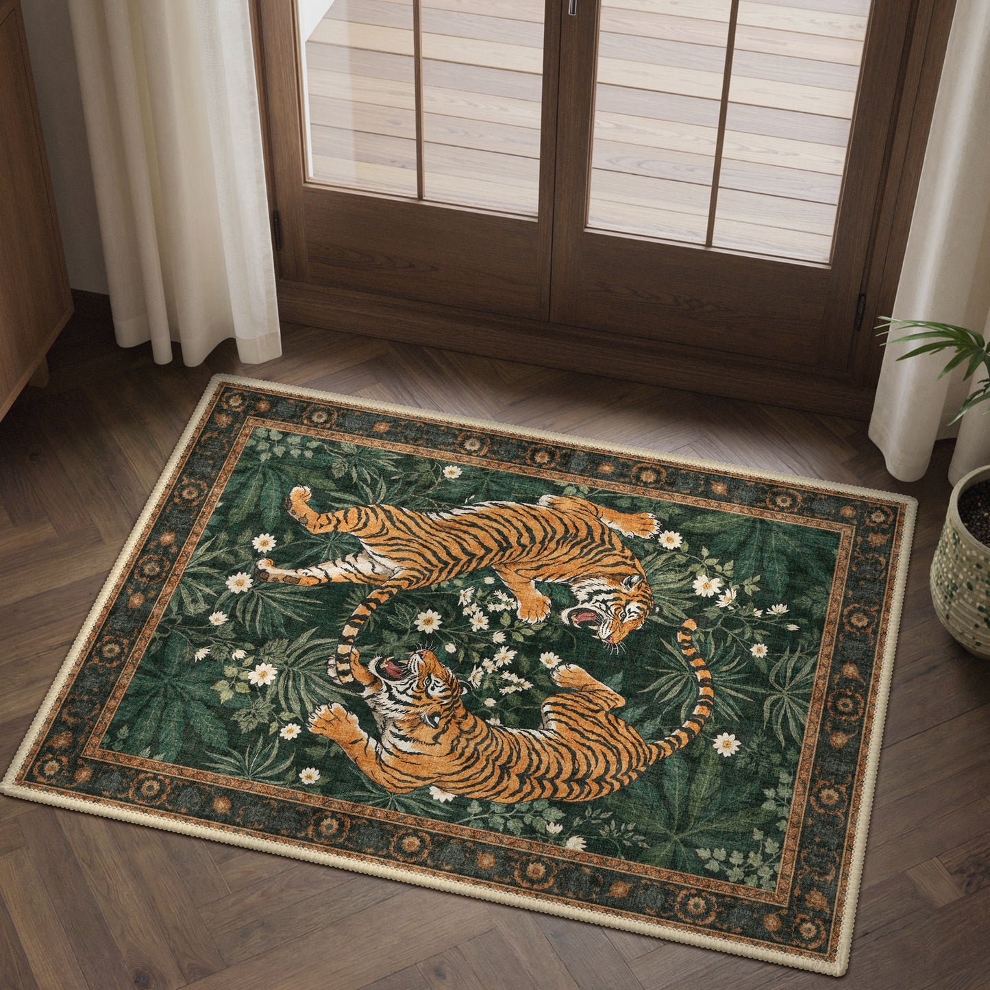 KUETH 5'x7' Tiger Area Rugs for Living Room, Non Slip Machine Washable Vintage Boho Rug, Low Pile Print Rug for Bedroom Dining Room Home Office