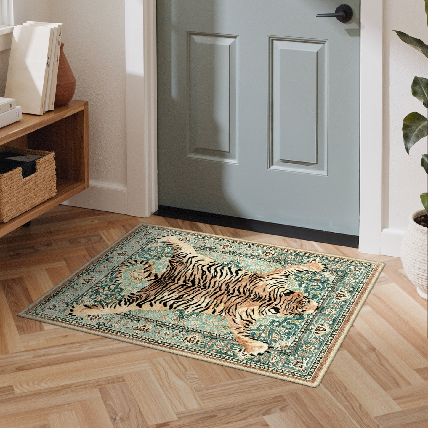 KUETH 5'x7' Tiger Area Rugs for Living Room, Non Slip Machine Washable Vintage Boho Rug, Low Pile Print Rug for Bedroom Dining Room Home Office