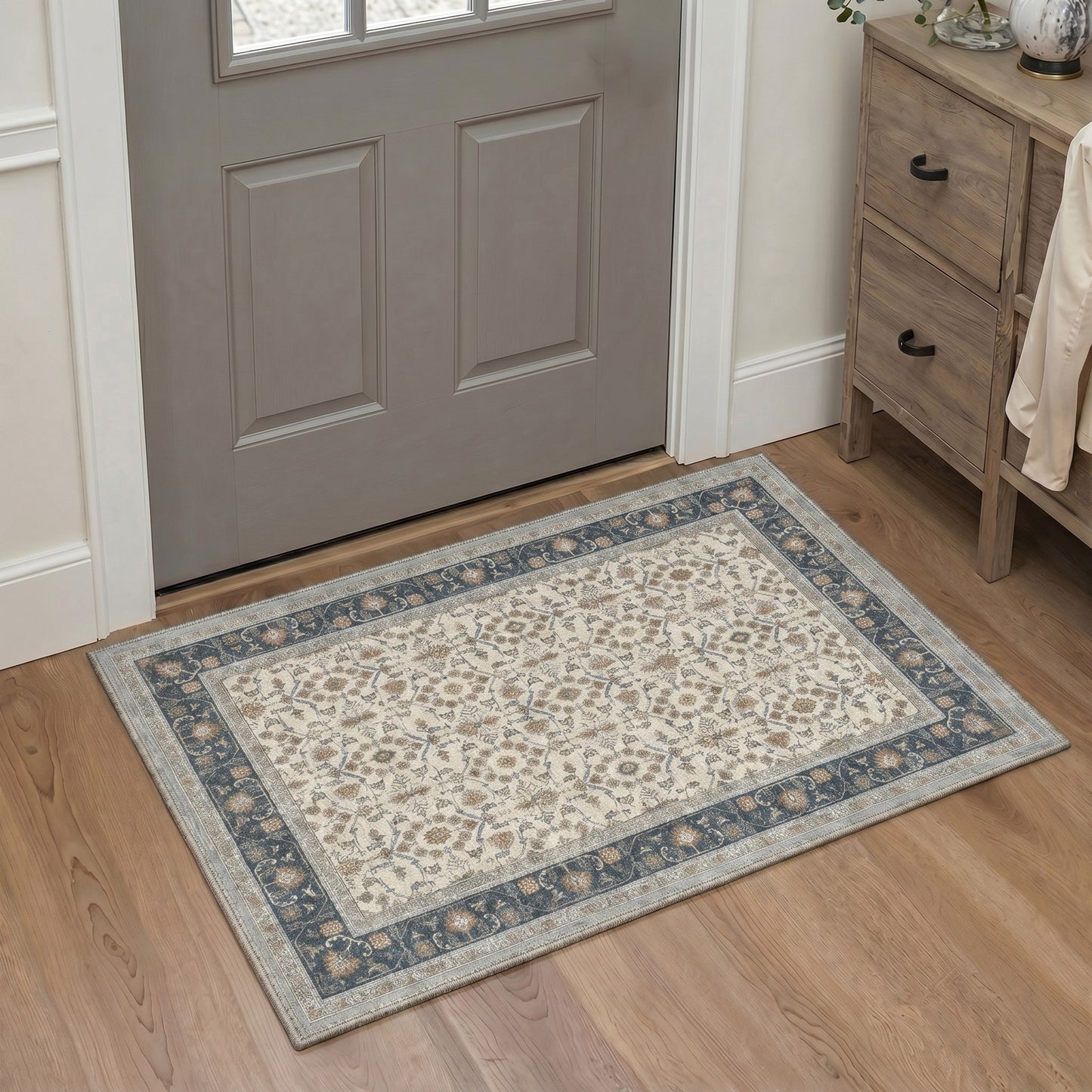 KUETH 8X10 Machine Washable Area Rug, Low Pile Non-Slip Backing Carpet for Living Room and Bedroom, Pet-Friendly Vintage Floral Medallion Rug, Blue