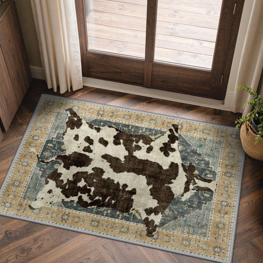 KUETH 5'x7' Cow Area Rugs for Living Room, Non Slip Machine Washable Vintage Boho Rug, Low Pile Print Rug for Bedroom Dining Room Home Office