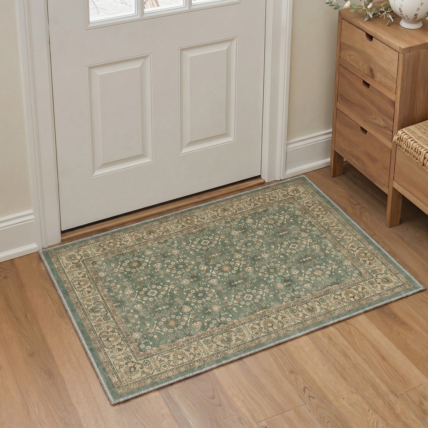 KUETH 8X10 Machine Washable Area Rug, Low Pile Non-Slip Backing Carpet for Living Room and Bedroom, Pet-Friendly Vintage Floral Medallion Rug, Green