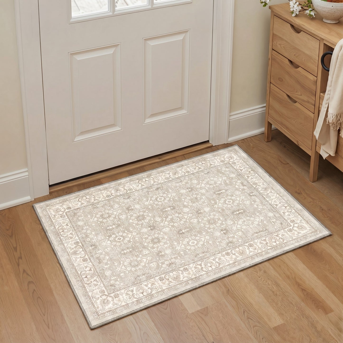 KUETH 8X10 Machine Washable Area Rug, Low Pile Non-Slip Backing Carpet for Living Room and Bedroom, Pet-Friendly Vintage Floral Medallion Rug, Beige