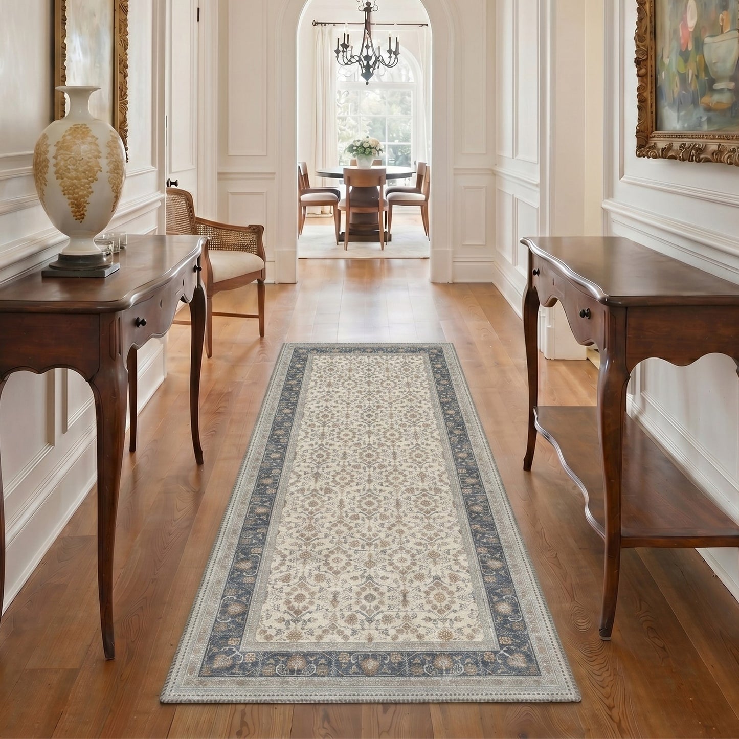 KUETH 8X10 Machine Washable Area Rug, Low Pile Non-Slip Backing Carpet for Living Room and Bedroom, Pet-Friendly Vintage Floral Medallion Rug, Blue
