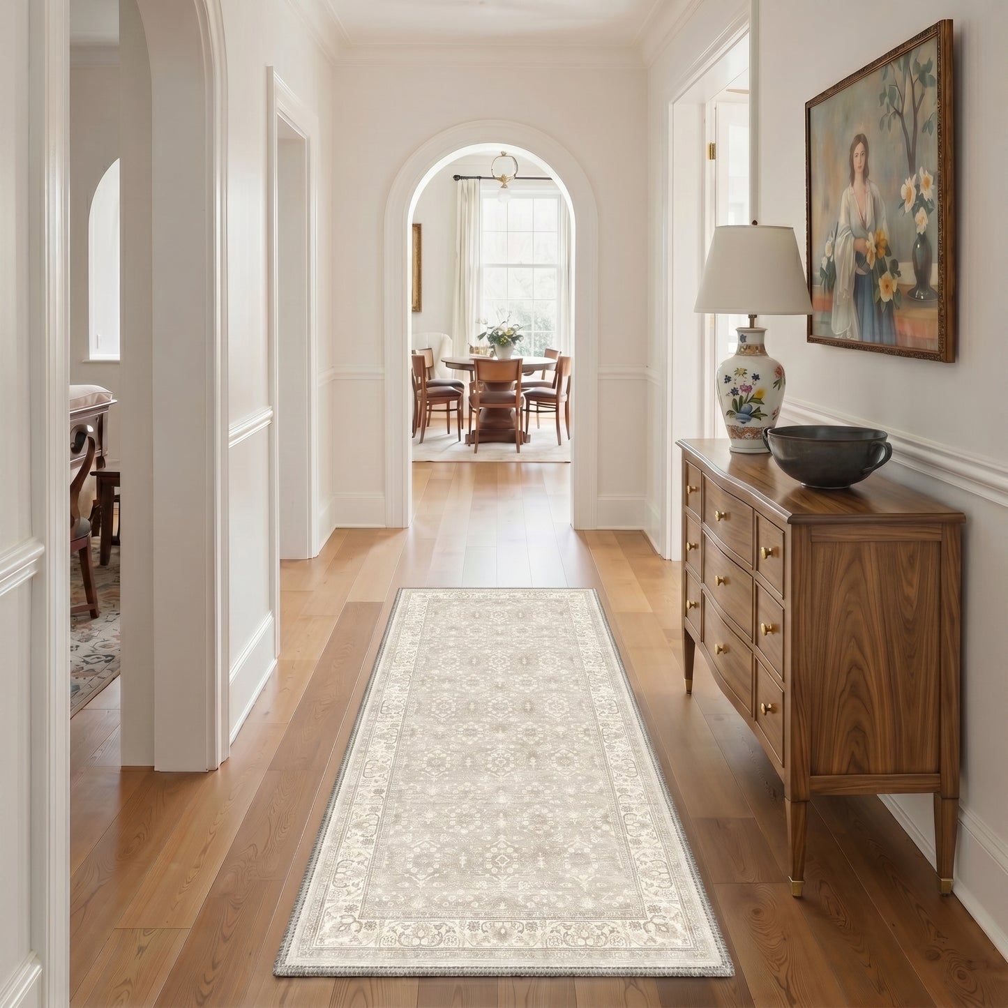 KUETH 8X10 Machine Washable Area Rug, Low Pile Non-Slip Backing Carpet for Living Room and Bedroom, Pet-Friendly Vintage Floral Medallion Rug, Beige