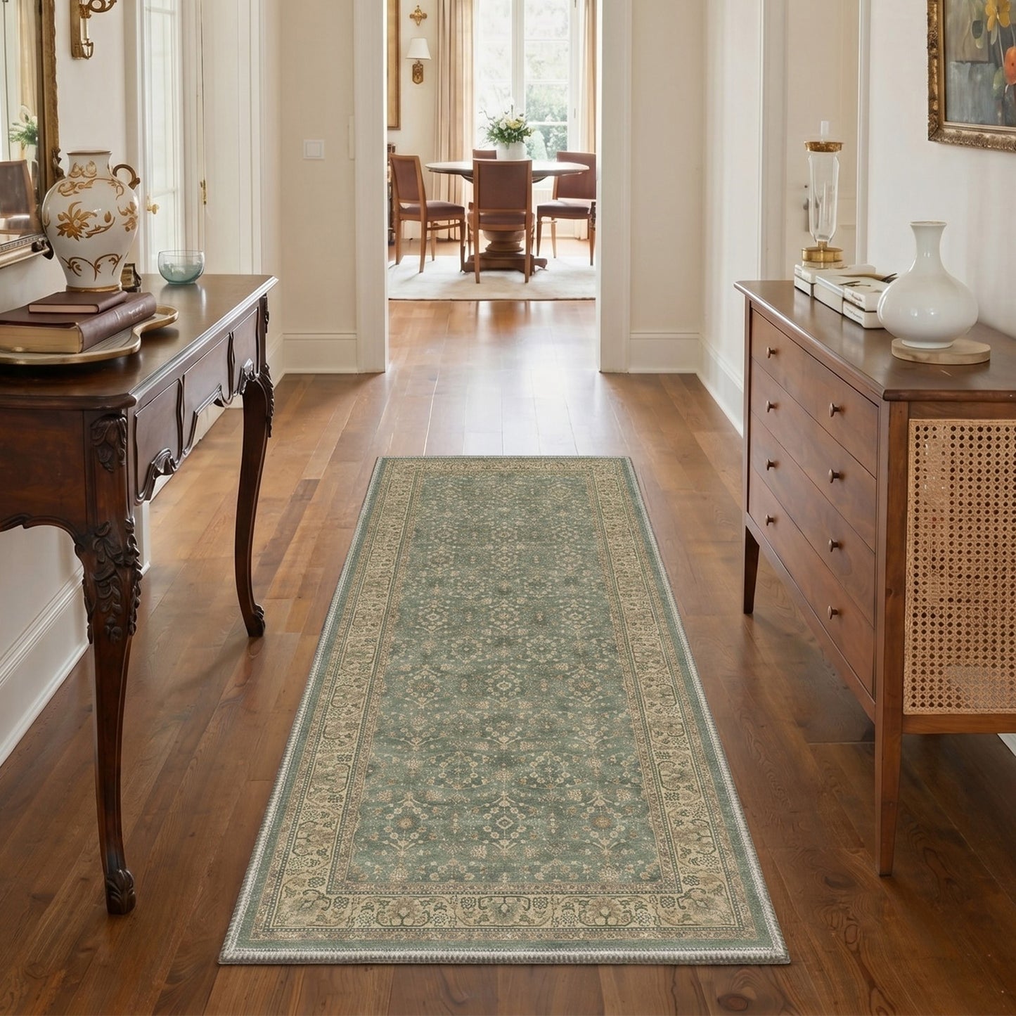 KUETH 8X10 Machine Washable Area Rug, Low Pile Non-Slip Backing Carpet for Living Room and Bedroom, Pet-Friendly Vintage Floral Medallion Rug, Green