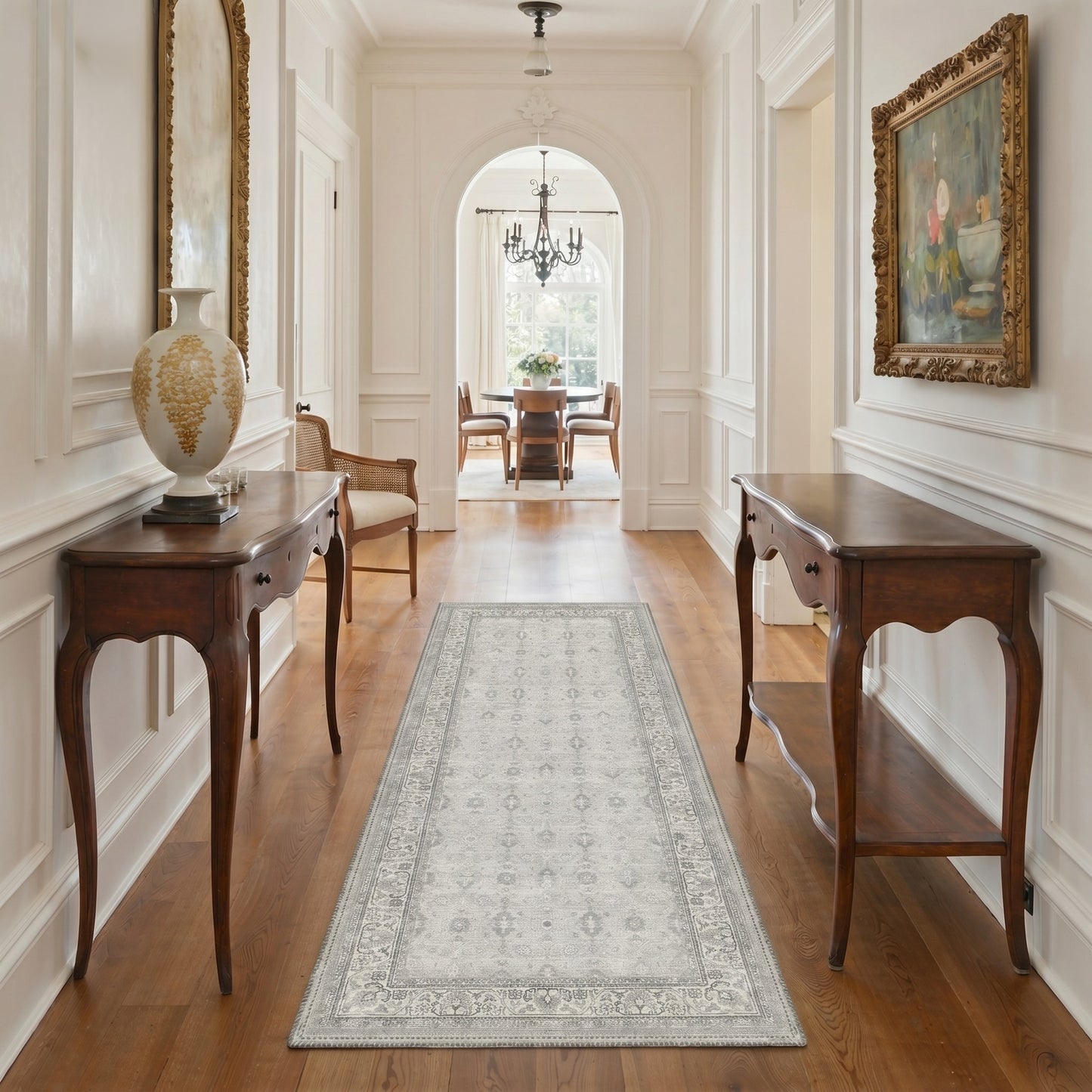KUETH 8X10 Machine Washable Area Rug, Low Pile Non-Slip Backing Carpet for Living Room and Bedroom, Pet-Friendly Vintage Floral Medallion Rug, Gray