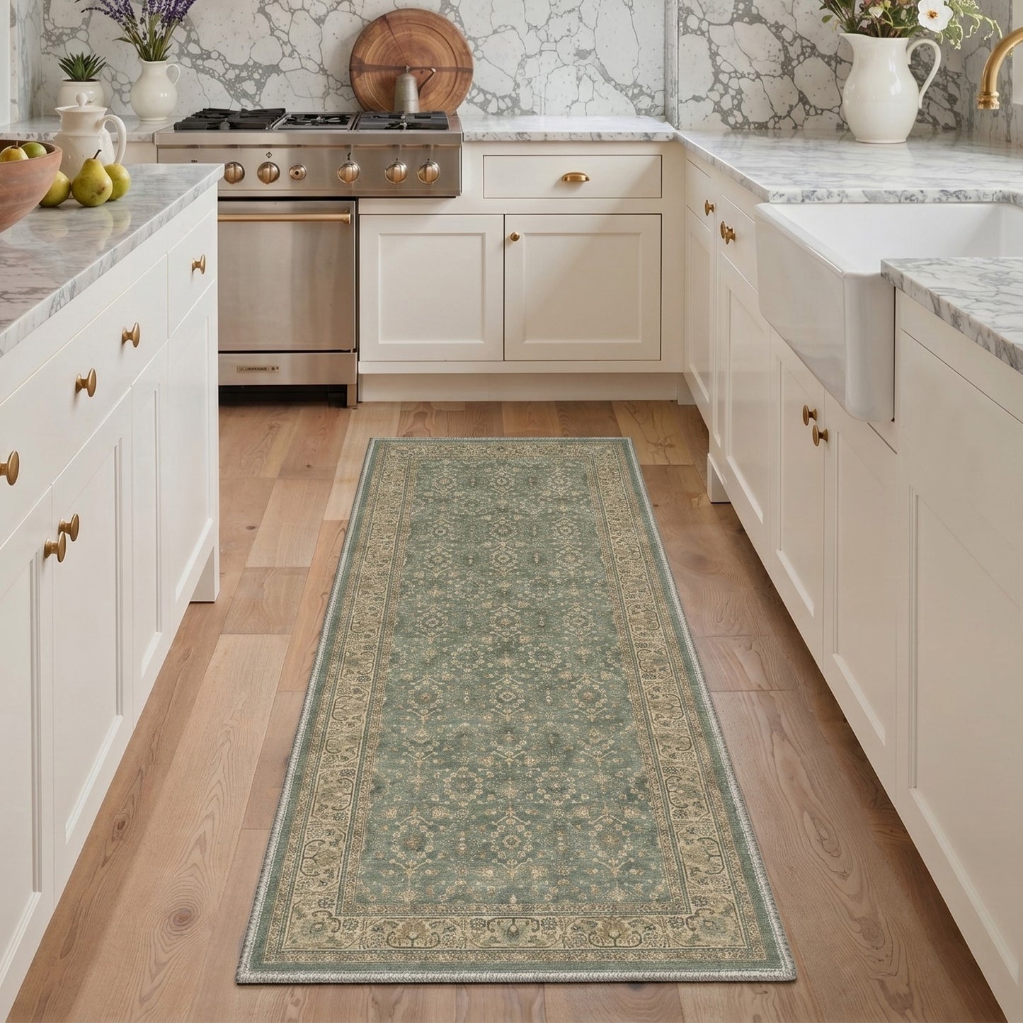 KUETH 8X10 Machine Washable Area Rug, Low Pile Non-Slip Backing Carpet for Living Room and Bedroom, Pet-Friendly Vintage Floral Medallion Rug, Green