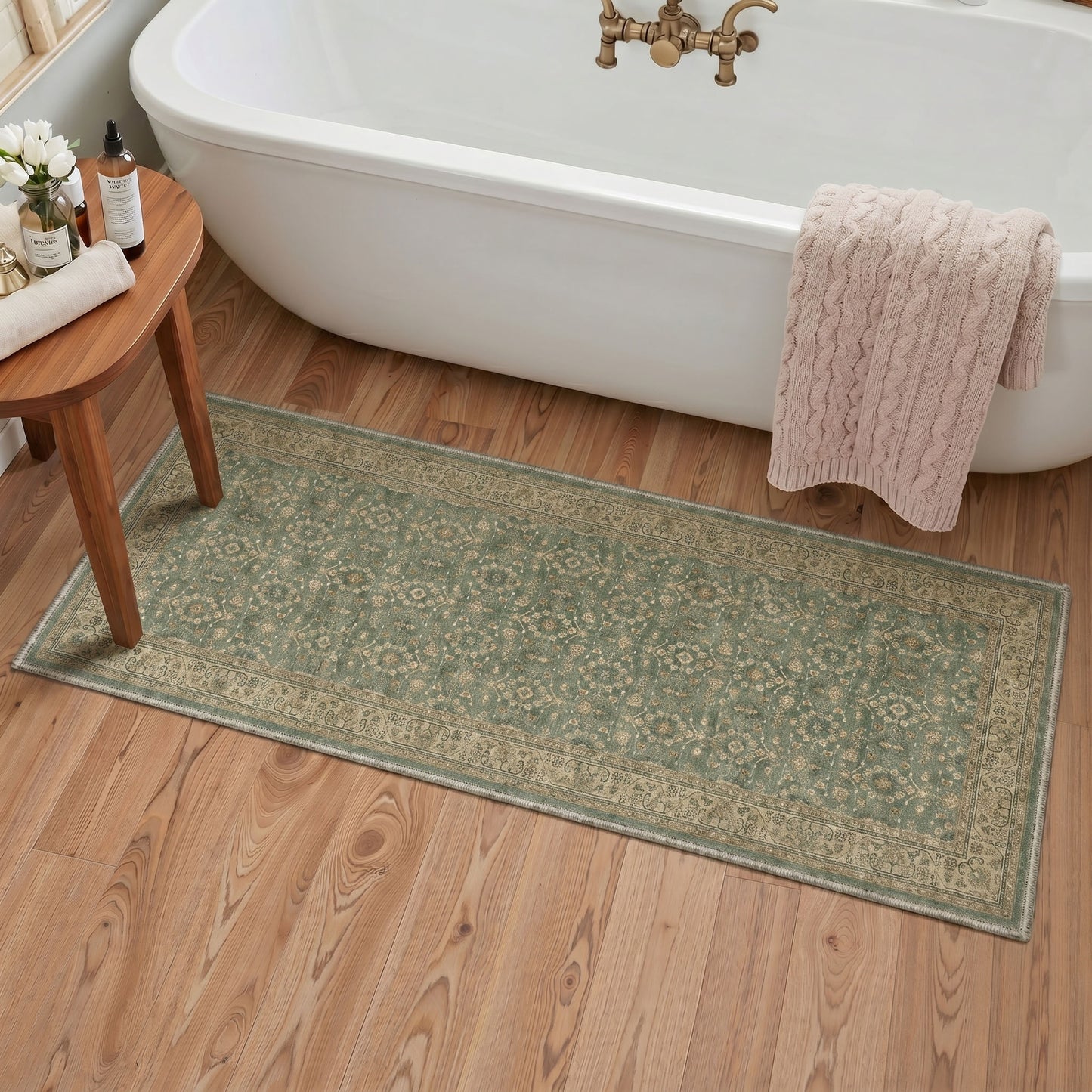 KUETH 8X10 Machine Washable Area Rug, Low Pile Non-Slip Backing Carpet for Living Room and Bedroom, Pet-Friendly Vintage Floral Medallion Rug, Green