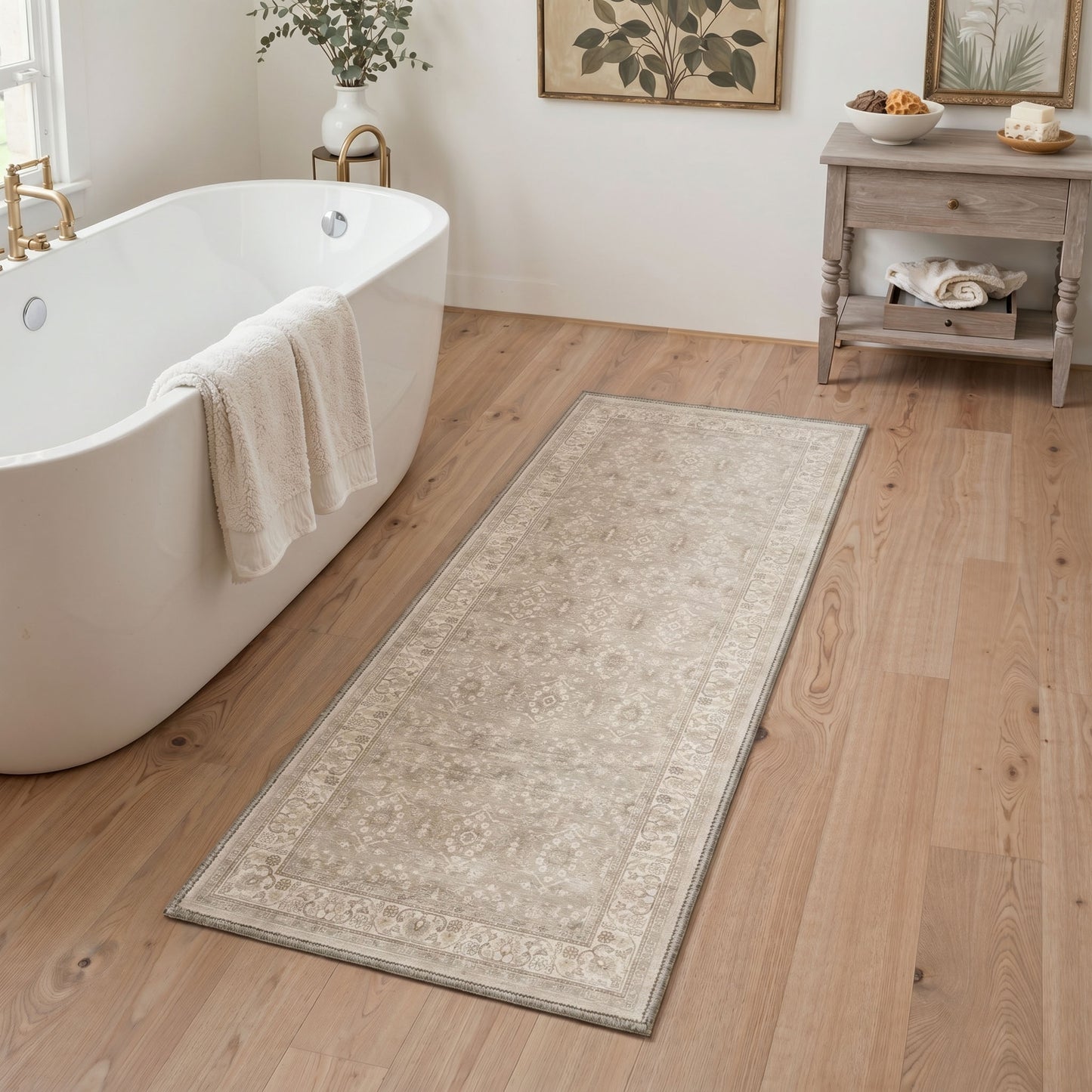 KUETH 8X10 Machine Washable Area Rug, Low Pile Non-Slip Backing Carpet for Living Room and Bedroom, Pet-Friendly Vintage Floral Medallion Rug, Beige