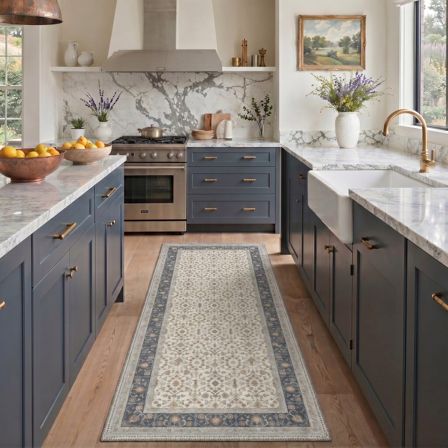 KUETH 8X10 Machine Washable Area Rug, Low Pile Non-Slip Backing Carpet for Living Room and Bedroom, Pet-Friendly Vintage Floral Medallion Rug, Blue