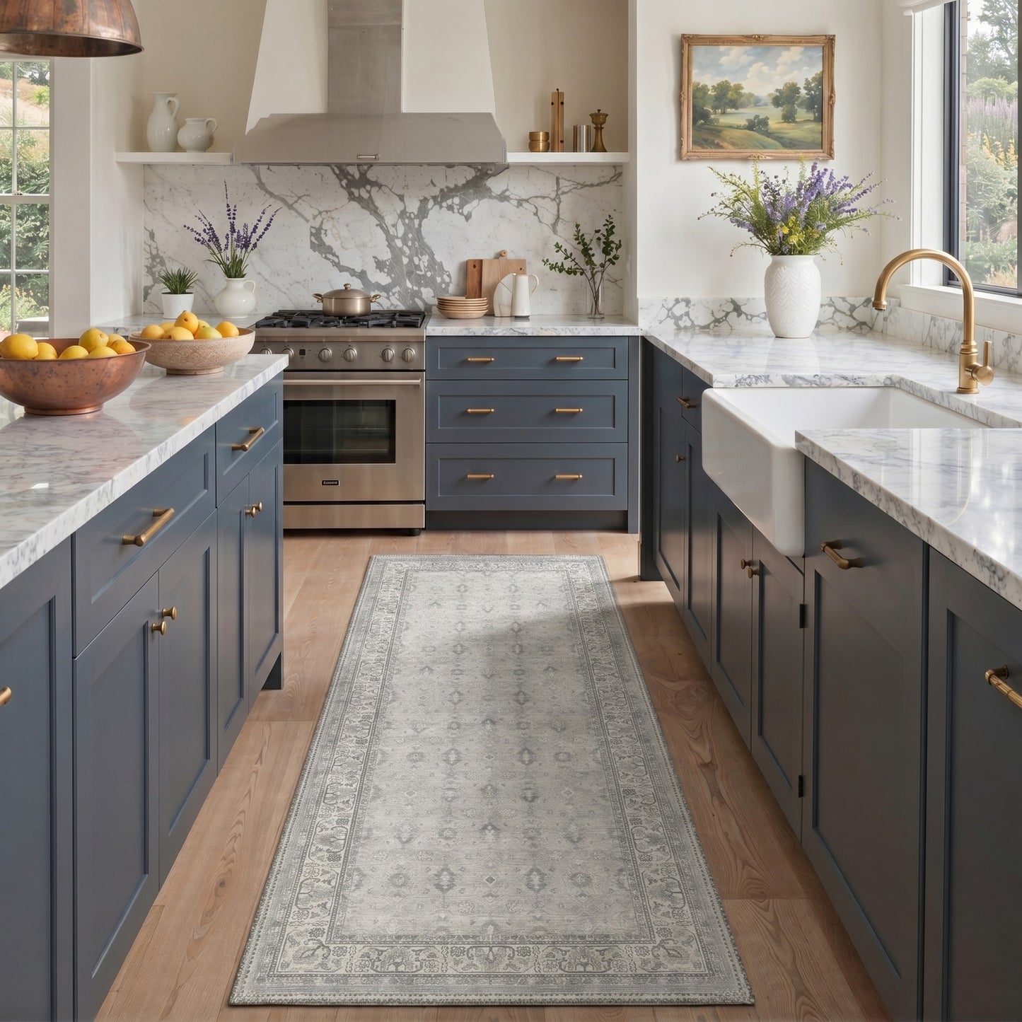 KUETH 8X10 Machine Washable Area Rug, Low Pile Non-Slip Backing Carpet for Living Room and Bedroom, Pet-Friendly Vintage Floral Medallion Rug, Gray