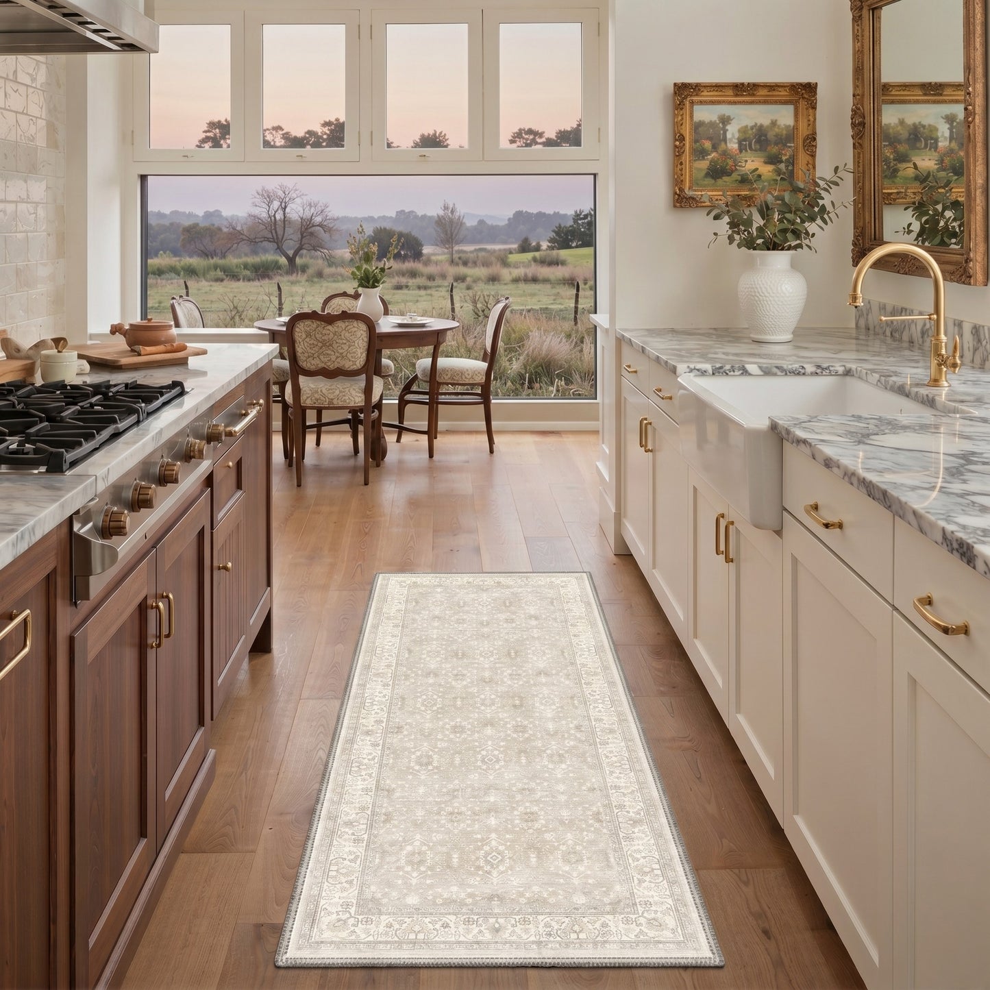 KUETH 8X10 Machine Washable Area Rug, Low Pile Non-Slip Backing Carpet for Living Room and Bedroom, Pet-Friendly Vintage Floral Medallion Rug, Beige