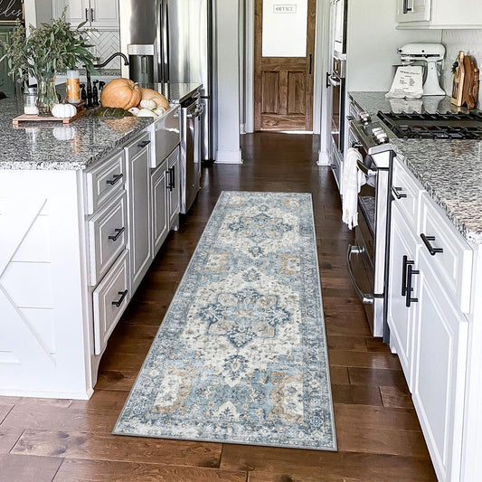 Roehit Oriental Performance Machine Washable Blue / Ivory Area Rug