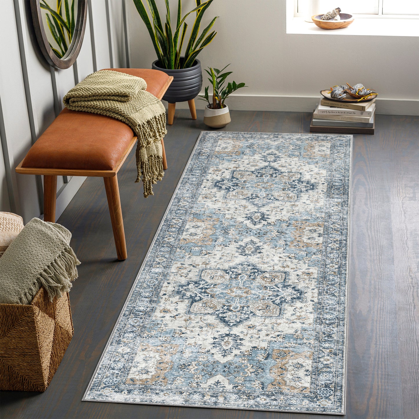 Roehit Oriental Performance Machine Washable Blue / Ivory Area Rug