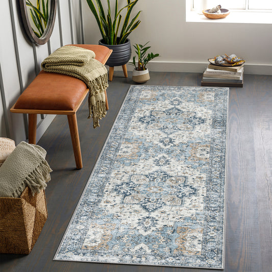 Roehit Oriental Performance Machine Washable Blue / Ivory Area Rug