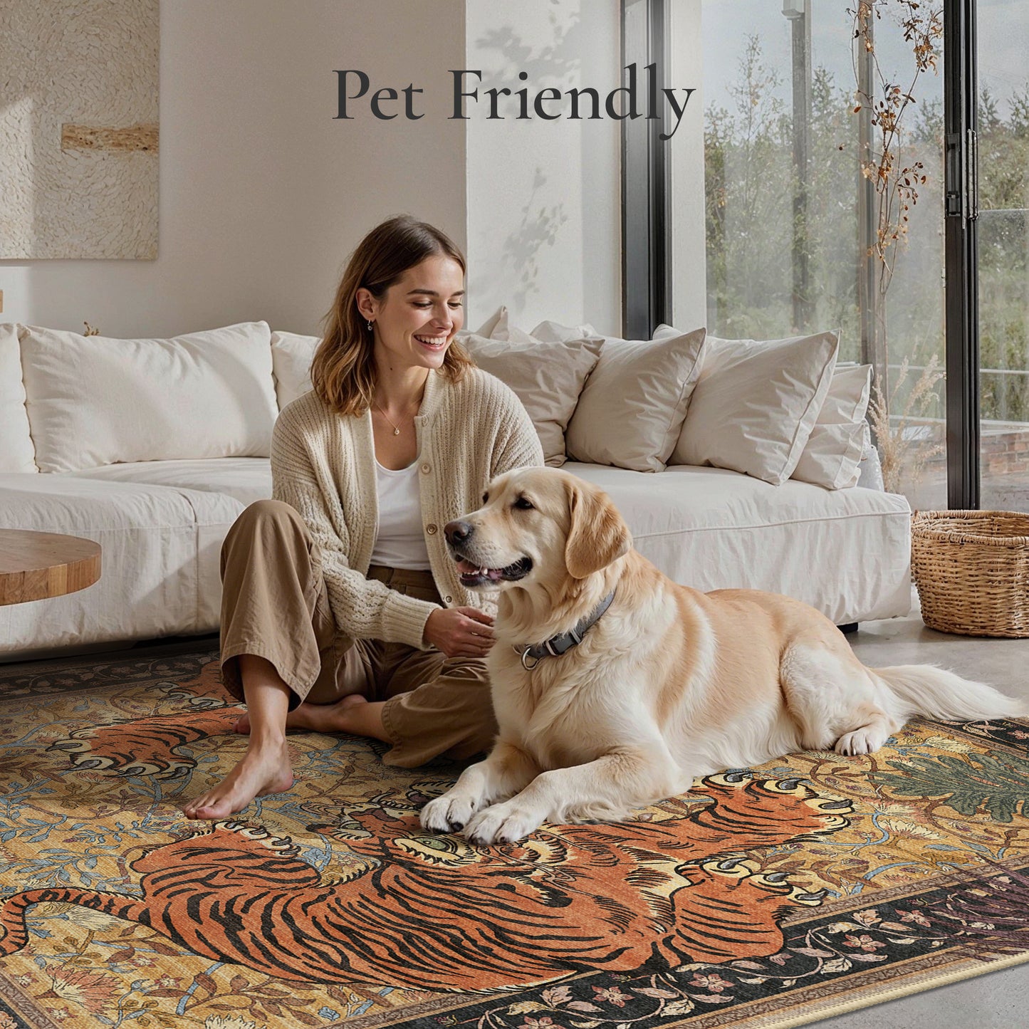 KUETH 8'x10' Tiger Area Rugs for Living Room, Non Slip Machine Washable Vintage Boho Rug, Low Pile Print Rug for Bedroom Dining Room Home Office