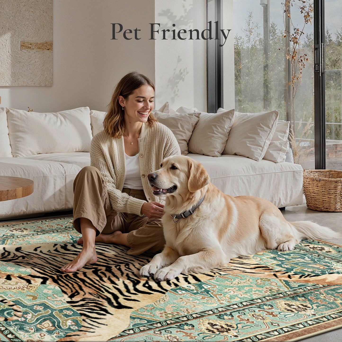 KUETH 5'x7' Tiger Area Rugs for Living Room, Non Slip Machine Washable Vintage Boho Rug, Low Pile Print Rug for Bedroom Dining Room Home Office