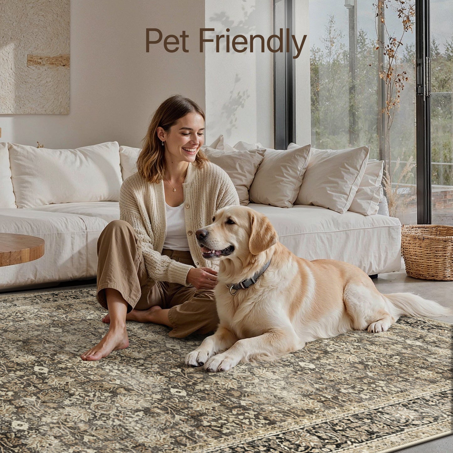 KUETH Modern 8x10 Area Rugs for Living Room, Non Slip Machine Washable Retro Rugs, Low Pile Chenille Print Rug for Bedroom, Dining Room, Home Office