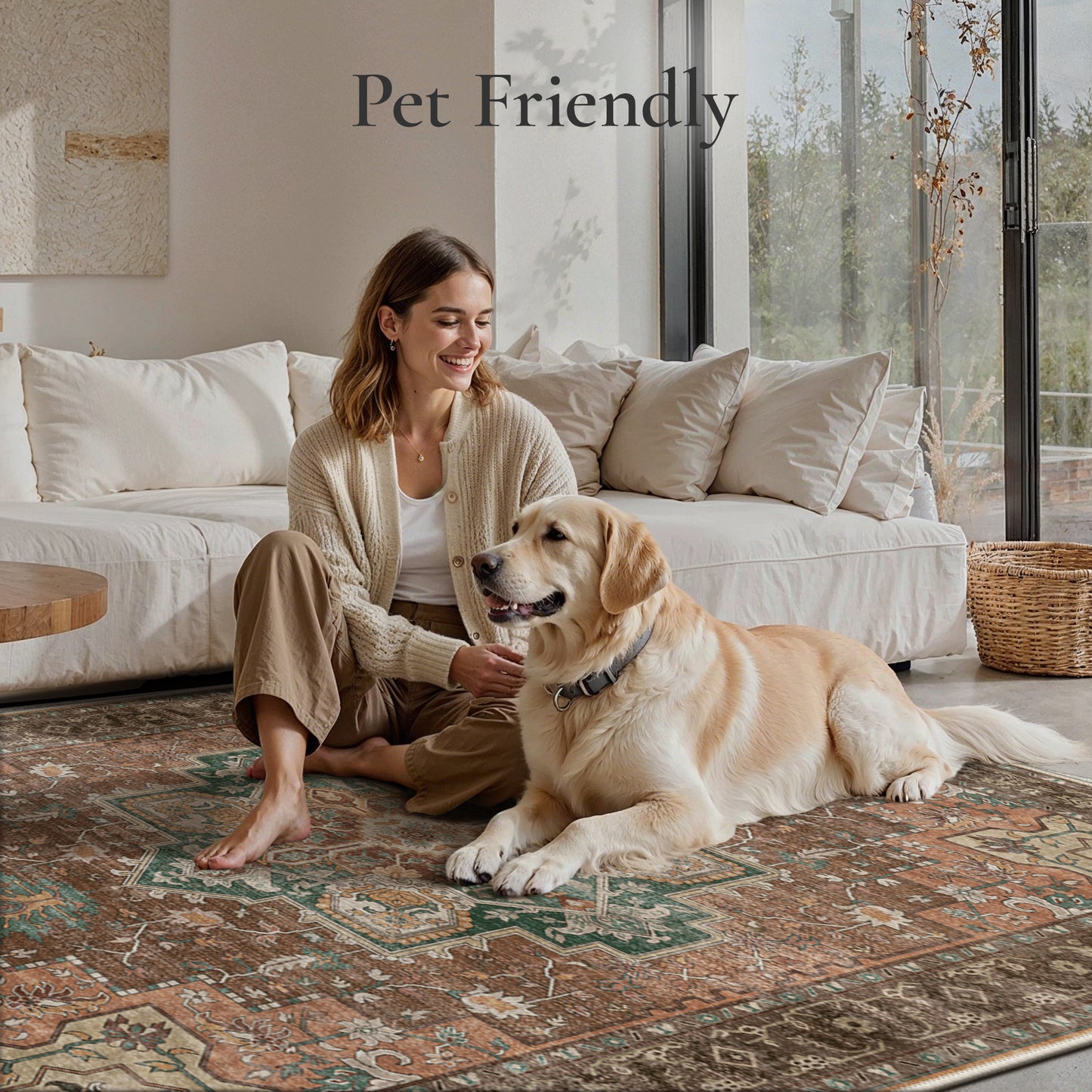 KUETH Modern 8x10 Area Rugs for Living Room, Non Slip Machine Washable Retro Rugs, Low Pile Chenille Print Rug for Bedroom, Dining Room, Home Office