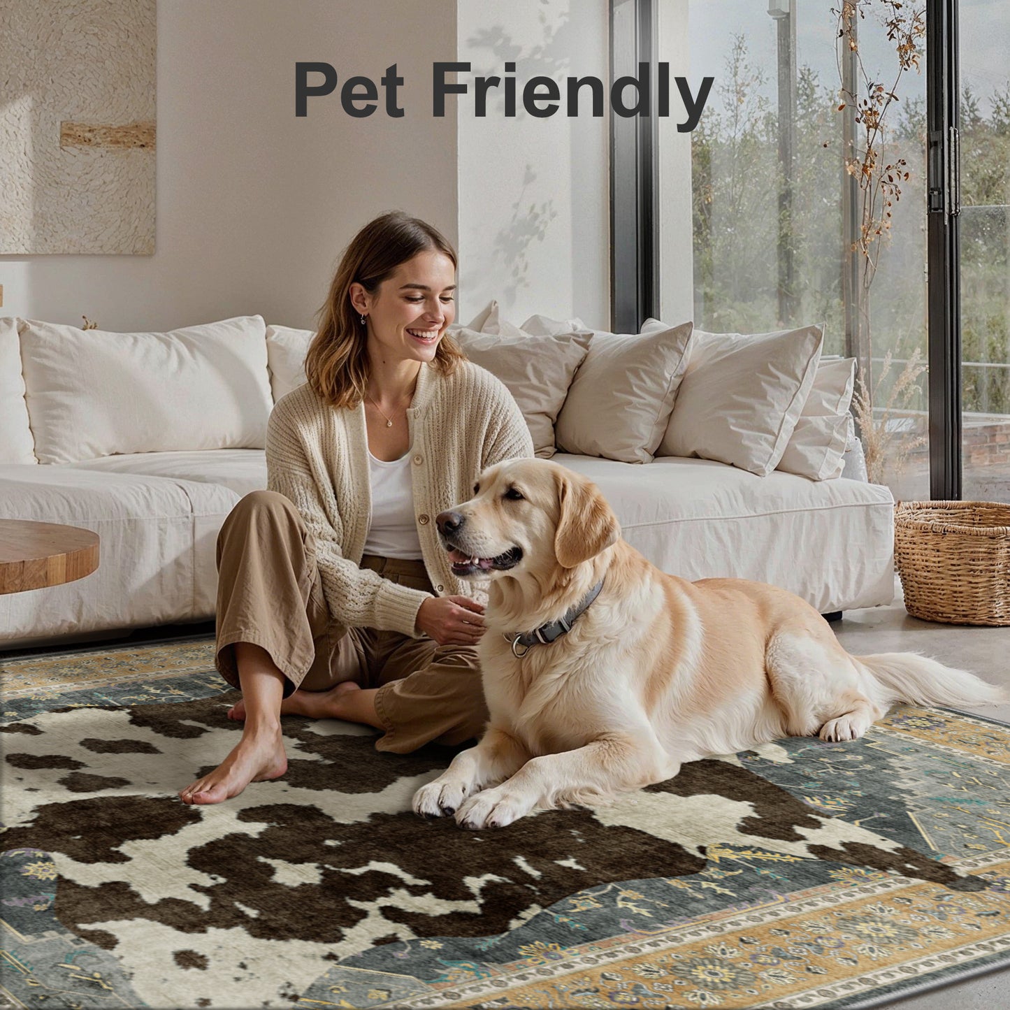 KUETH 5'x7' Cow Area Rugs for Living Room, Non Slip Machine Washable Vintage Boho Rug, Low Pile Print Rug for Bedroom Dining Room Home Office