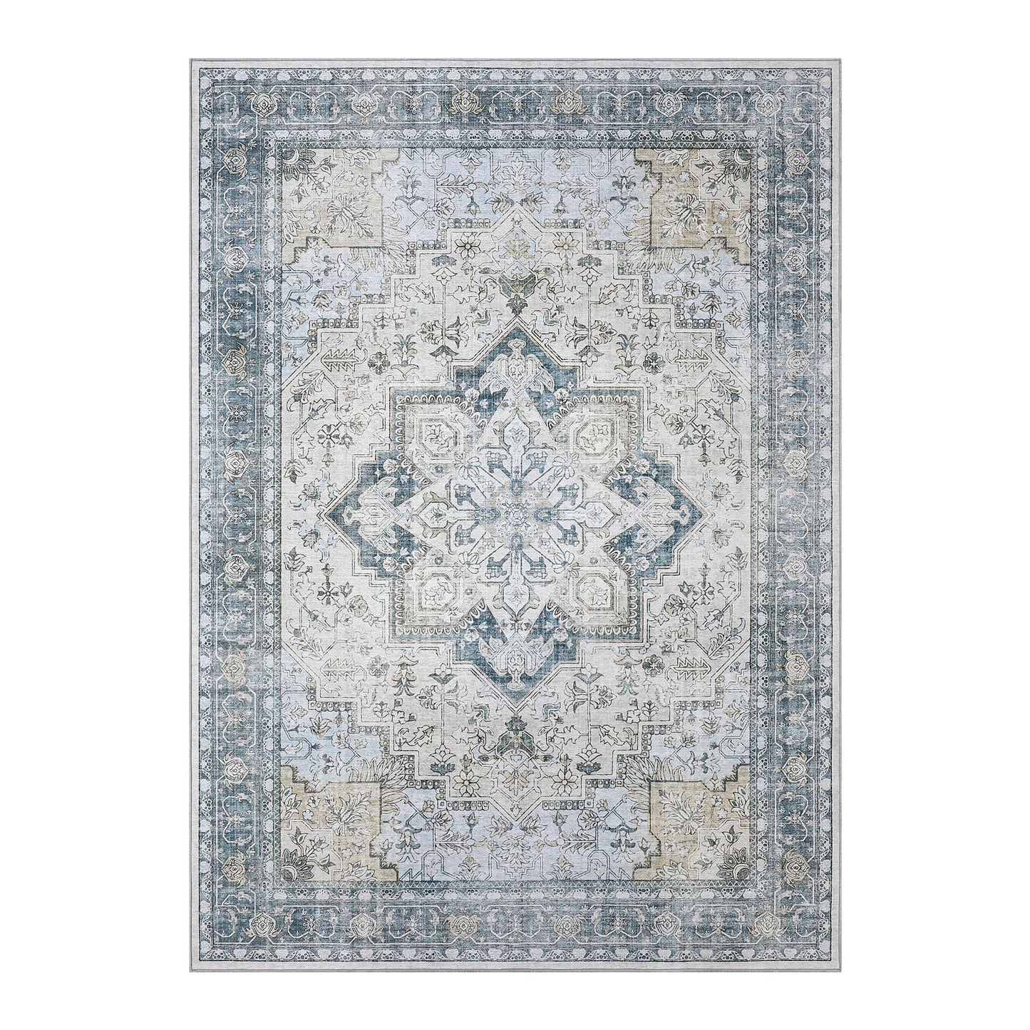 Masiis Area Rugs Machine Washable Vintage Distressed Print Blue Floral Medallion Accent Bedroom Living Room Throw Rug, Low Pile Ultra-Thin Lightweight Non Slip with Gripper