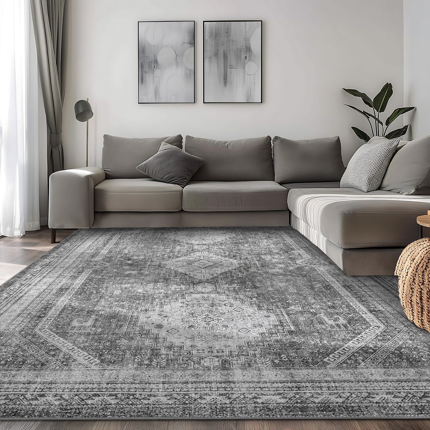 KUETH Area Rug Living Room Clearance, Non Slip Indoor Vogue Area Rugs, Low Pile Chenille Large Print Mat for Bedroom Dining Room Home Office and Hall, Gray