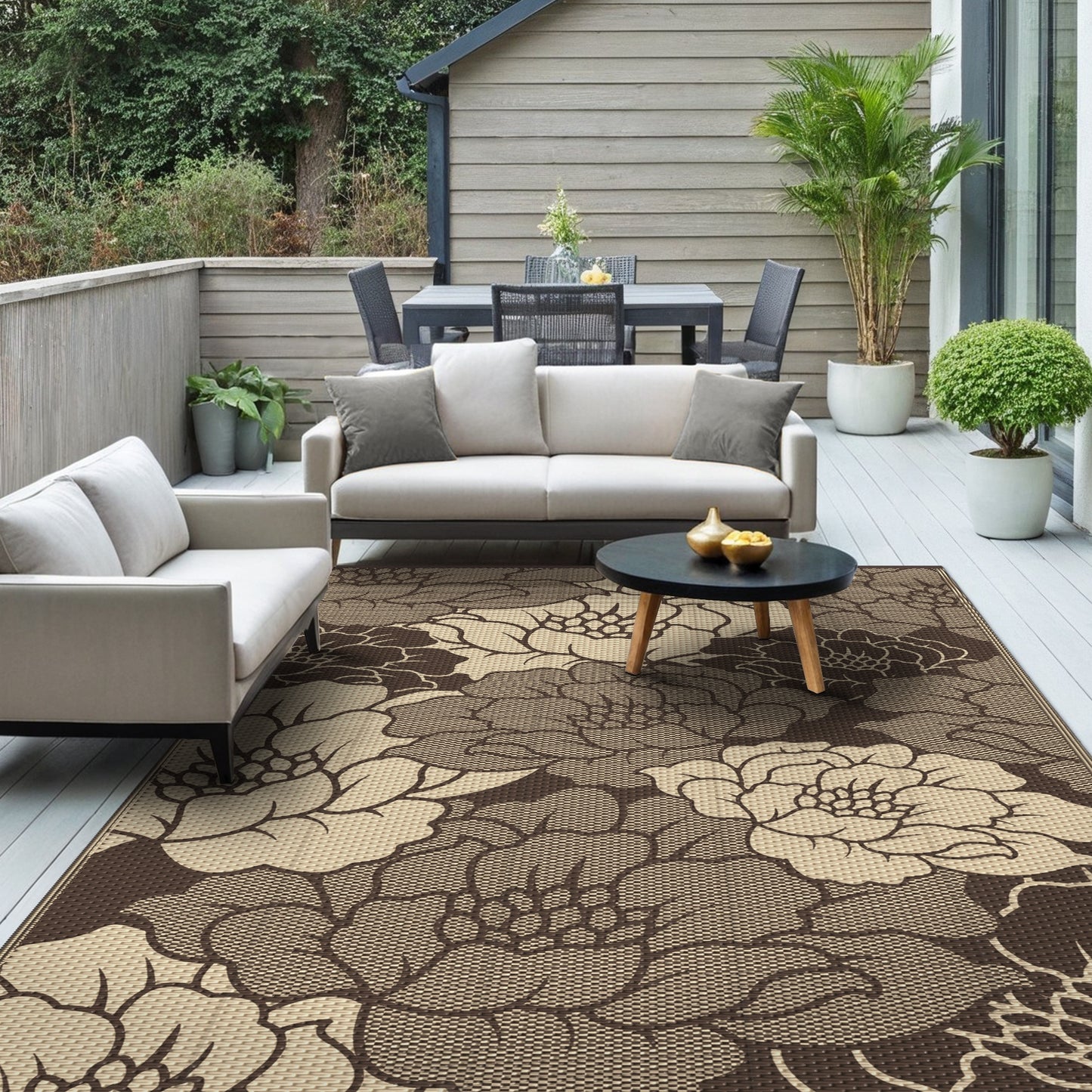 KUETH 6'x 9' Outdoor Rug Plastic Waterproof Outside Foldable Flower Mat UV Resistant Patio RV Deck Carpet,COFFEE BEIGE