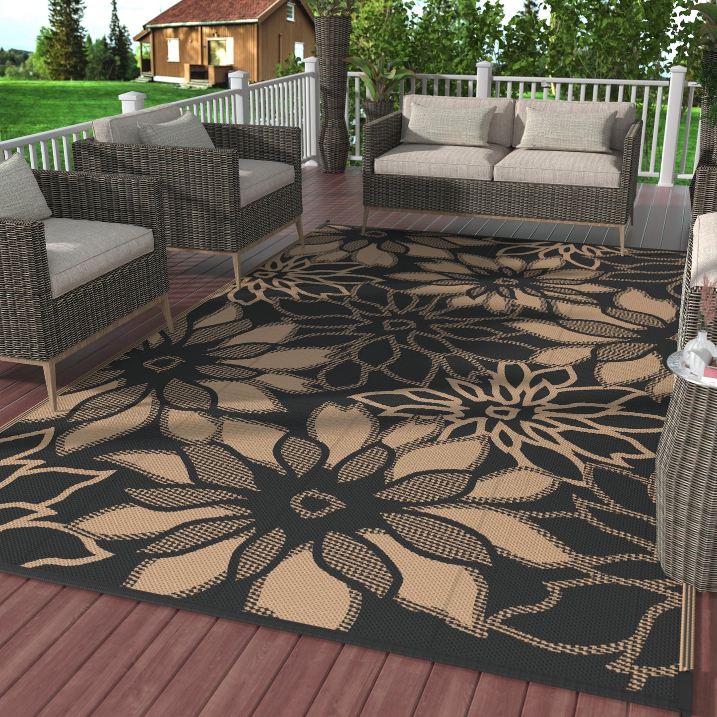KUETH 9'x12' Outdoor Rug Waterproof Plastic Reversible Floral Patio Camping Outside Carpet,Black Brown