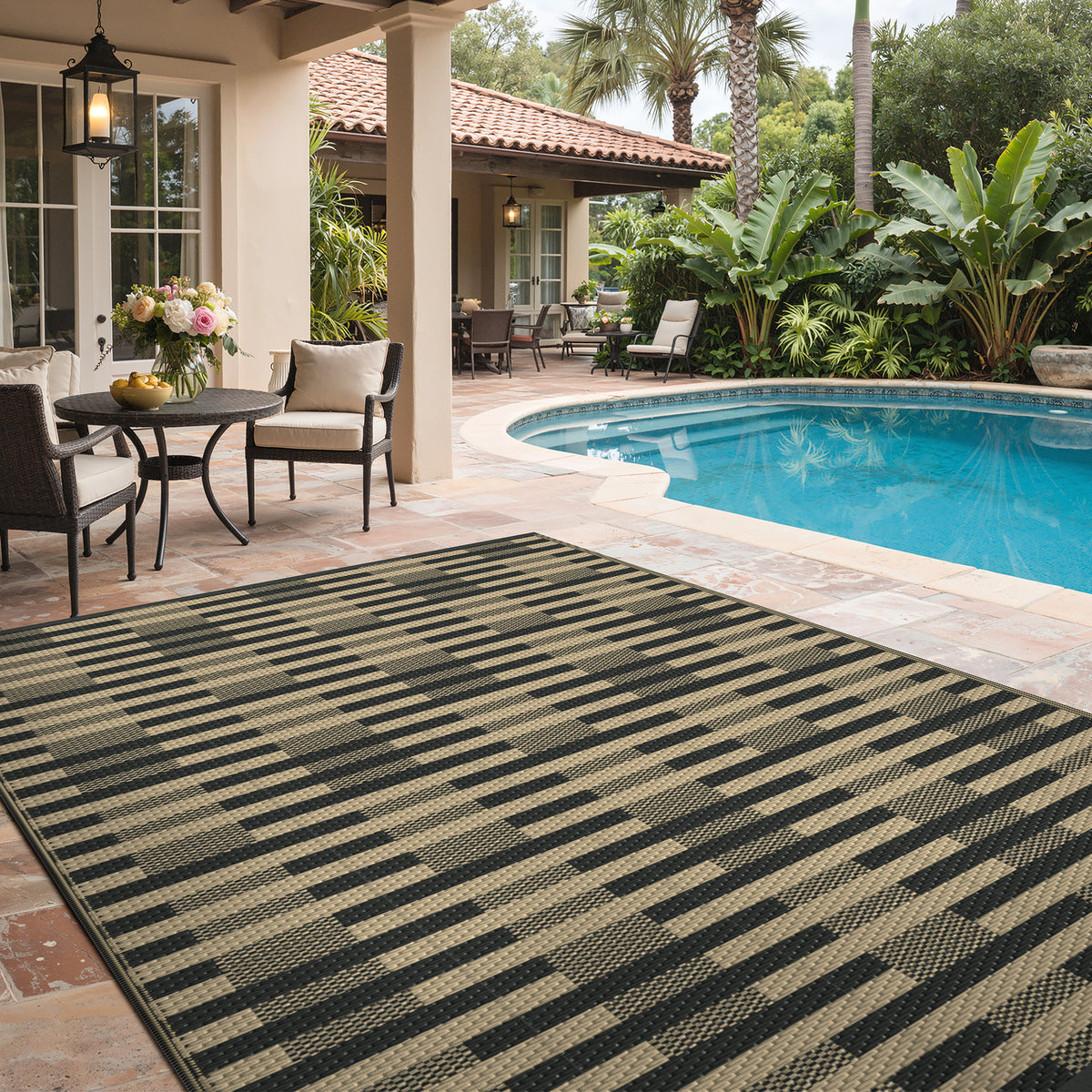 KUETH 6'x 9' Black and Beige Outdoor Plastic Rug Foldable Waterproof UV Resistant Reversible Outdoor Patio Geometric RV Deck Camping Rug