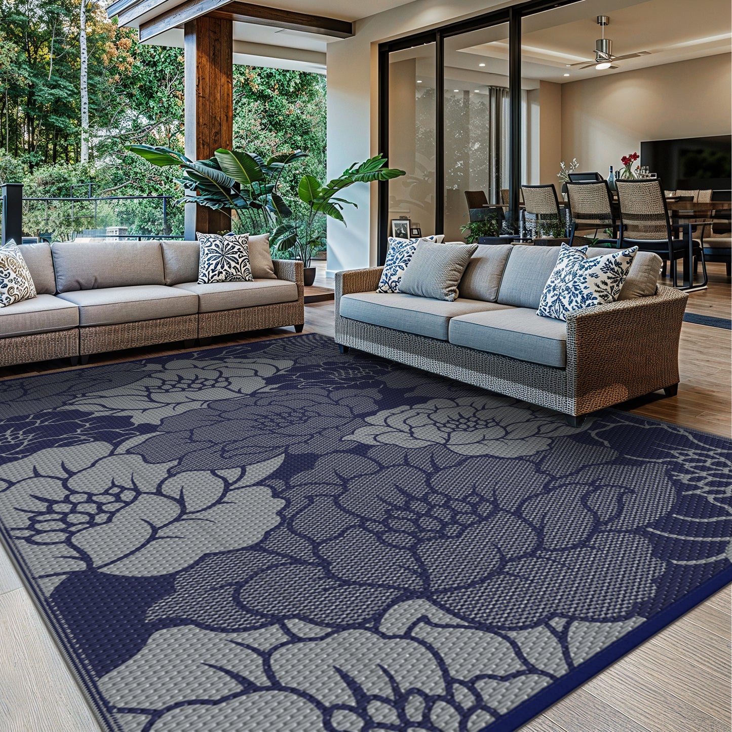 KUETH 6'x 9' Outdoor Rug Plastic Waterproof Outside Foldable Flower Mat UV Resistant Patio RV Deck Carpet,BLUE GREY