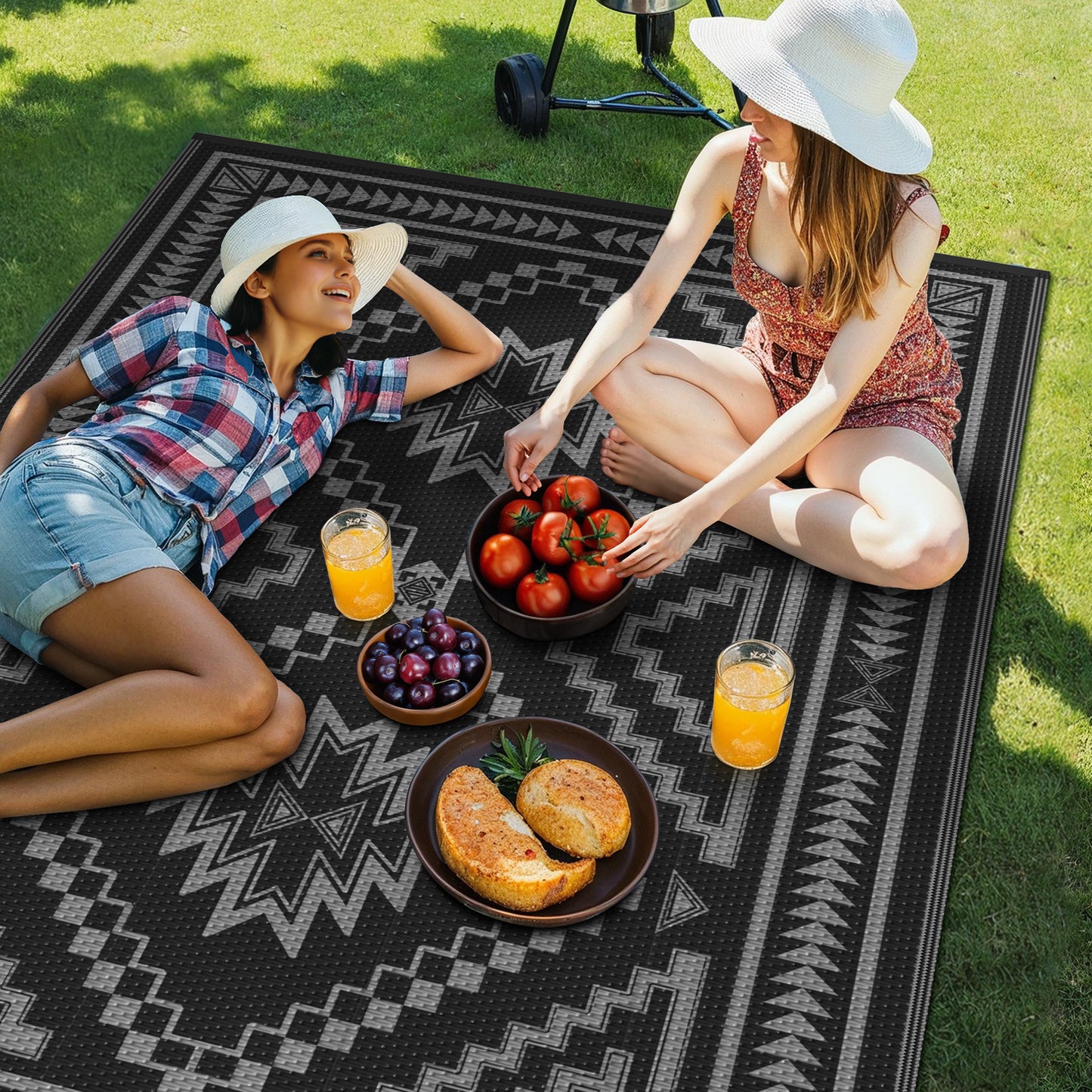 KUETH 6' x 9' Outdoor Rug Waterproof for Patio Carpet Plastic Reversible Straw Outdoor Rug for Camping Picnic Geometric Mat ,Black & Gray