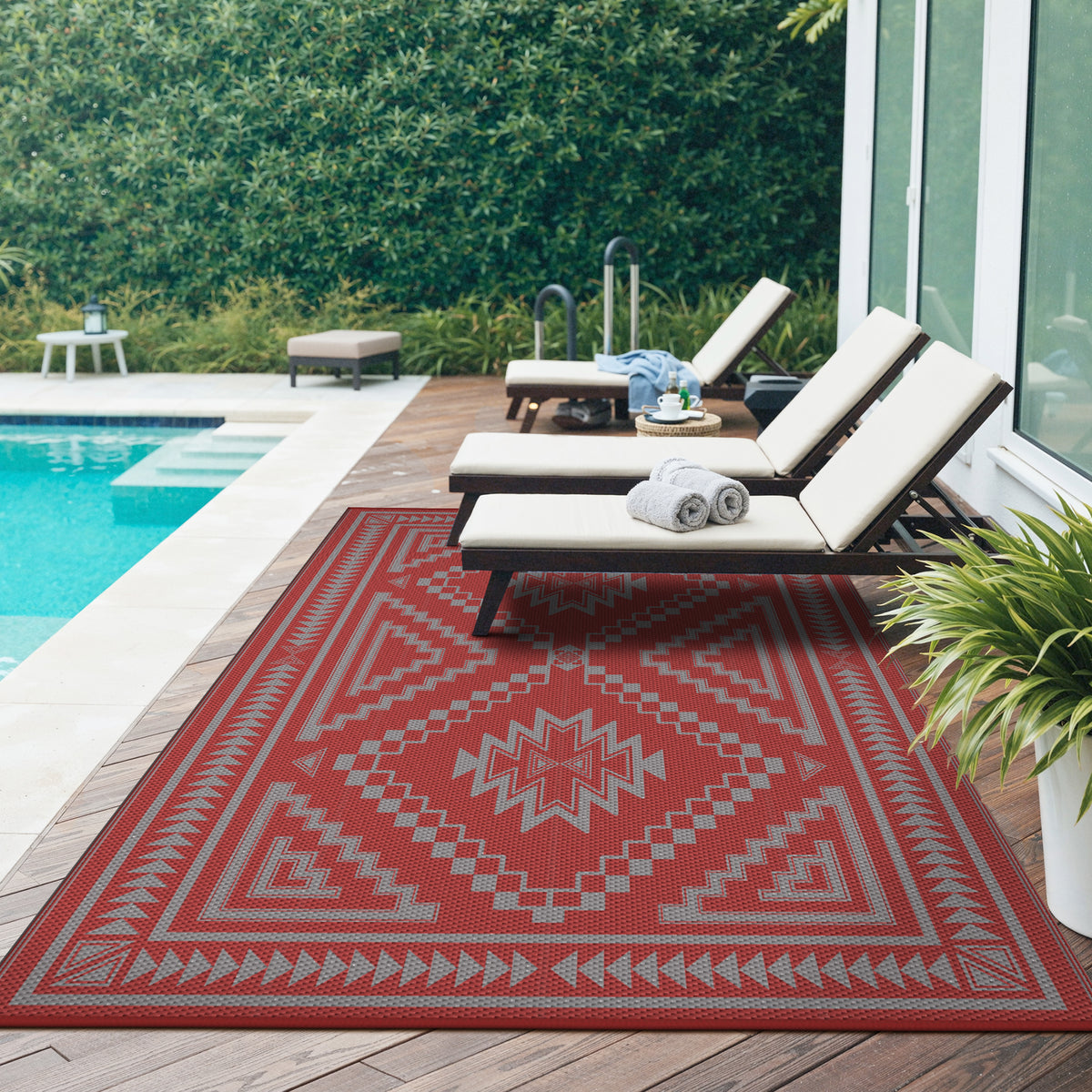 KUETH 6' x 9' Outdoor Rug Waterproof for Patio Carpet Plastic Reversible Straw Outdoor Rug for Camping Picnic Geometric Mat ,RED & GREY
