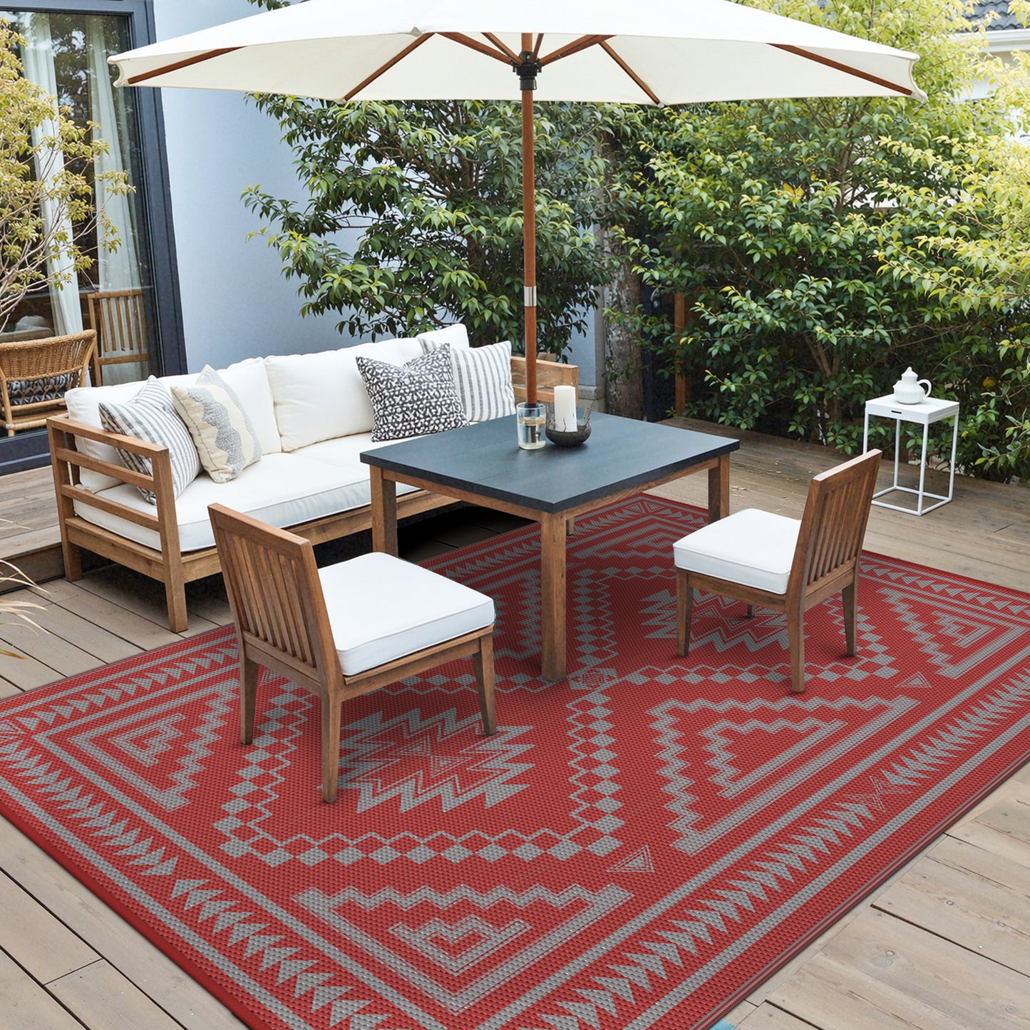 KUETH 6' x 9' Outdoor Rug Waterproof for Patio Carpet Plastic Reversible Straw Outdoor Rug for Camping Picnic Geometric Mat ,RED & GREY