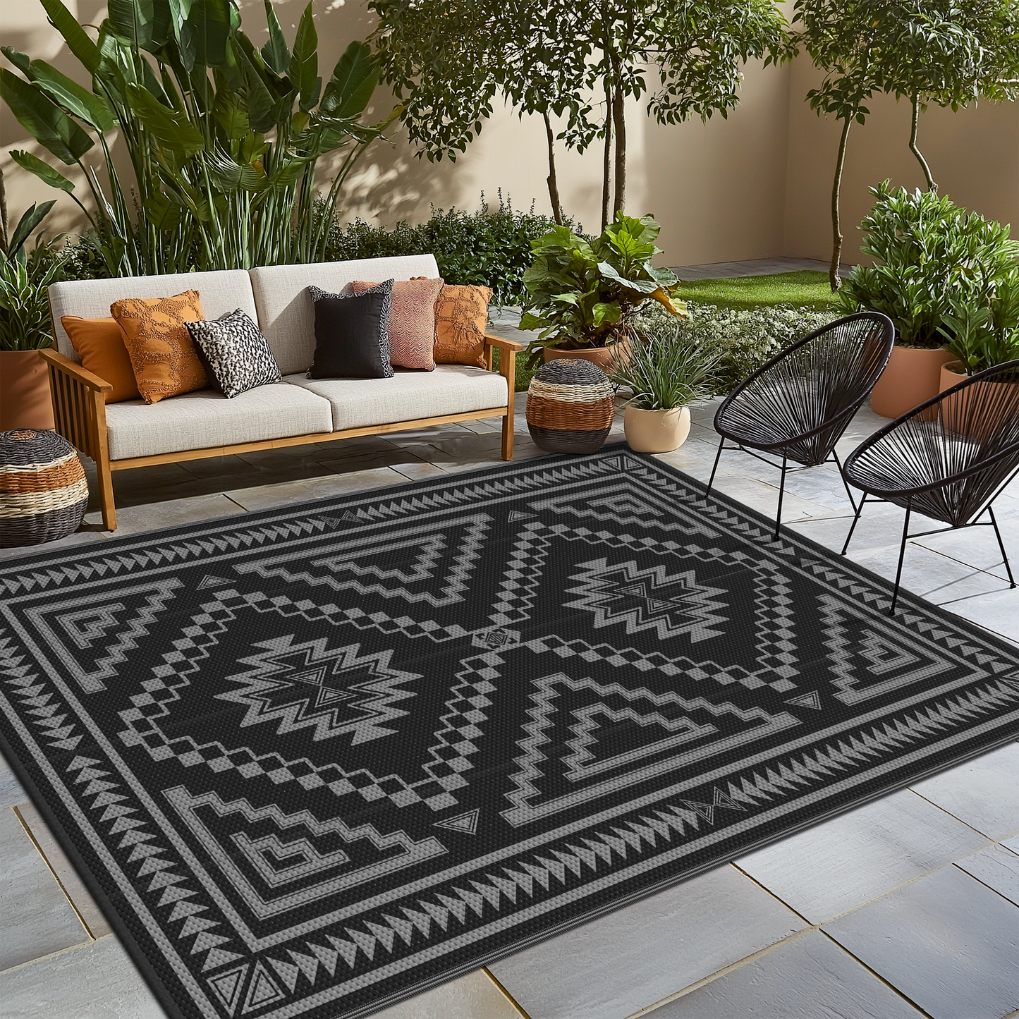 KUETH 5' x 8' Outdoor Waterproof Rug Camping Mat Patio Carpet,Black & Gray