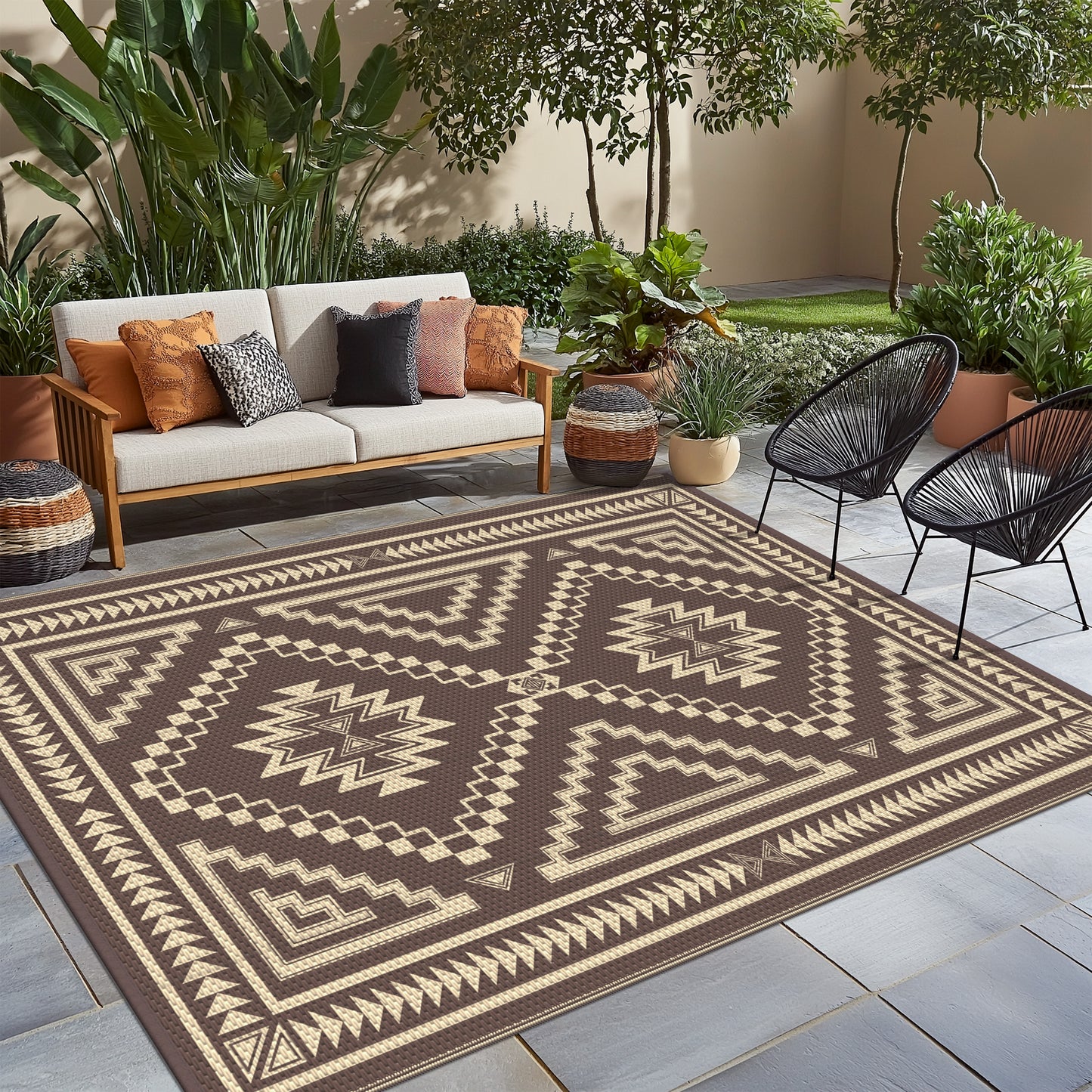 KUETH 6' x 9' Outdoor Rug Waterproof for Patio Carpet Plastic Reversible Straw Outdoor Rug for Camping Picnic Geometric Mat ,COFFEE&BEIGE
