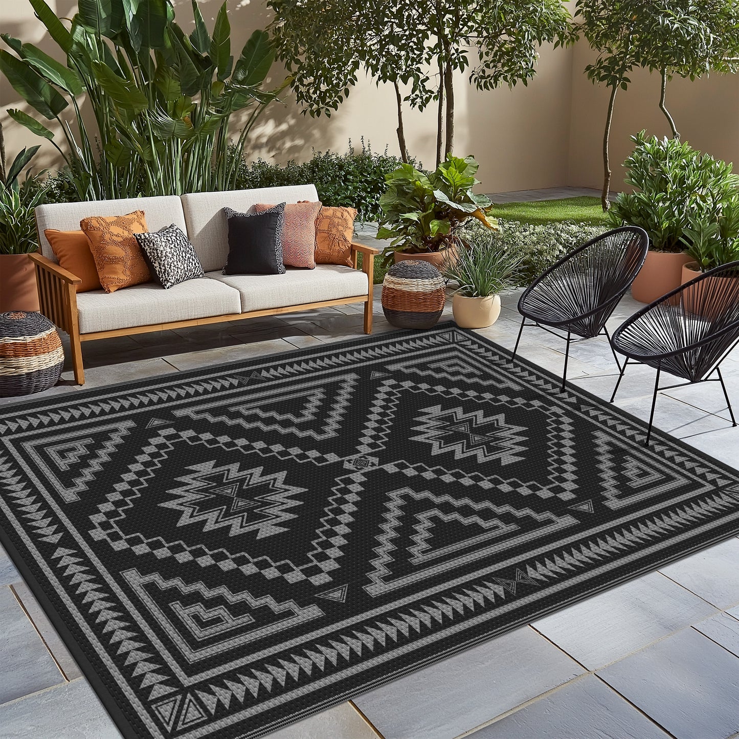 KUETH 6' x 9' Outdoor Rug Waterproof for Patio Carpet Plastic Reversible Straw Outdoor Rug for Camping Picnic Geometric Mat ,Black & Gray