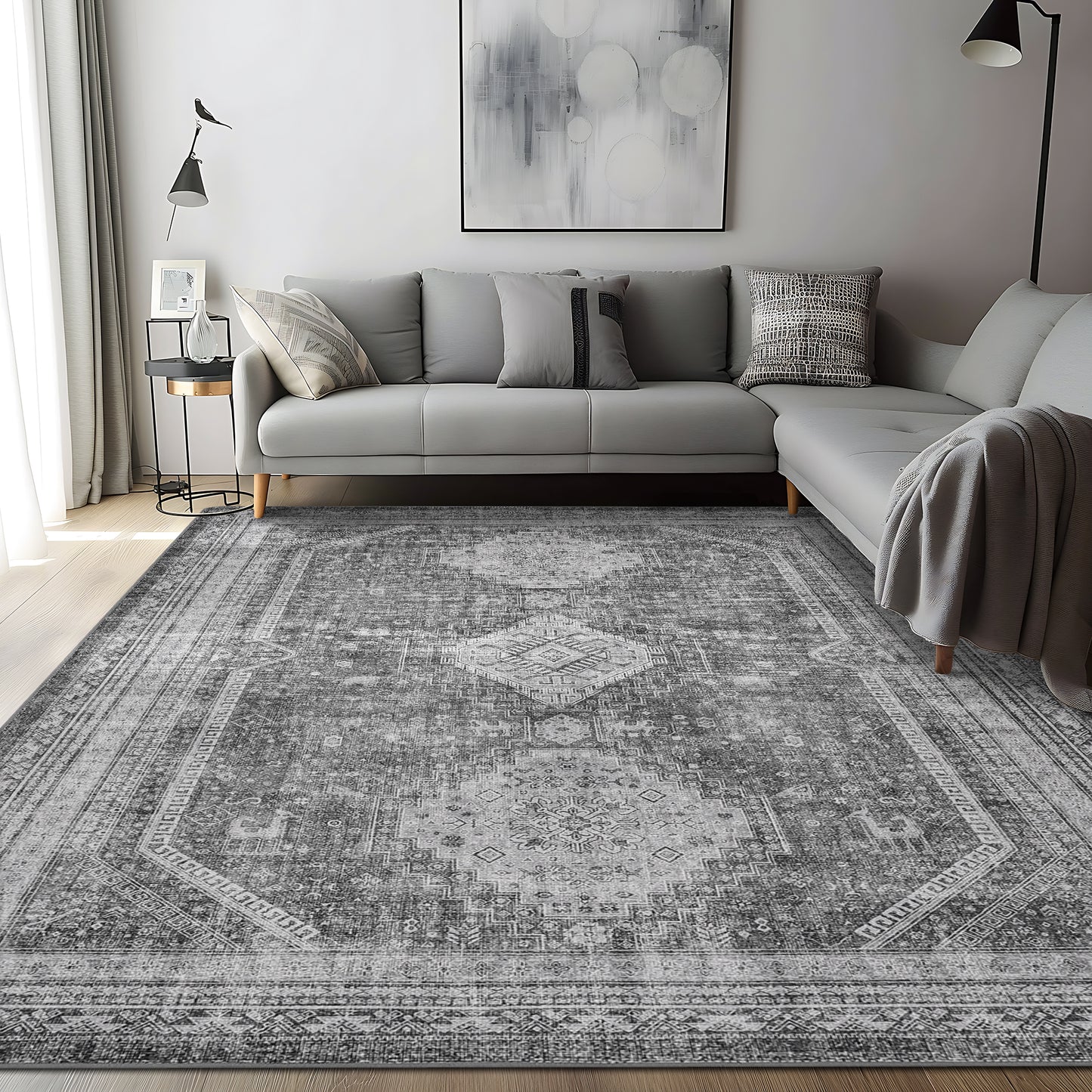 KUETH Area Rug Living Room Clearance, Non Slip Indoor Vogue Area Rugs, Low Pile Chenille Large Print Mat for Bedroom Dining Room Home Office and Hall, Gray