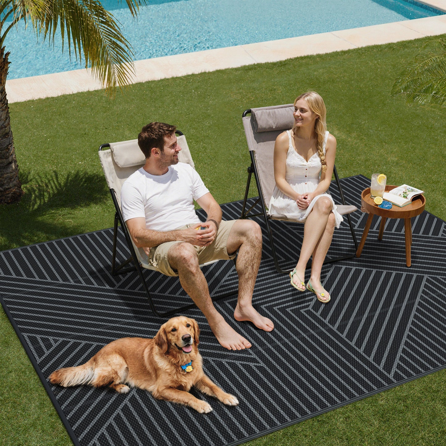 KUETH 8'x 10' Outdoor Rug Plastic Foldable Waterproof Outside Carpet UV Resistant Geometric Patio RV Deck Mat,BLACK GREY