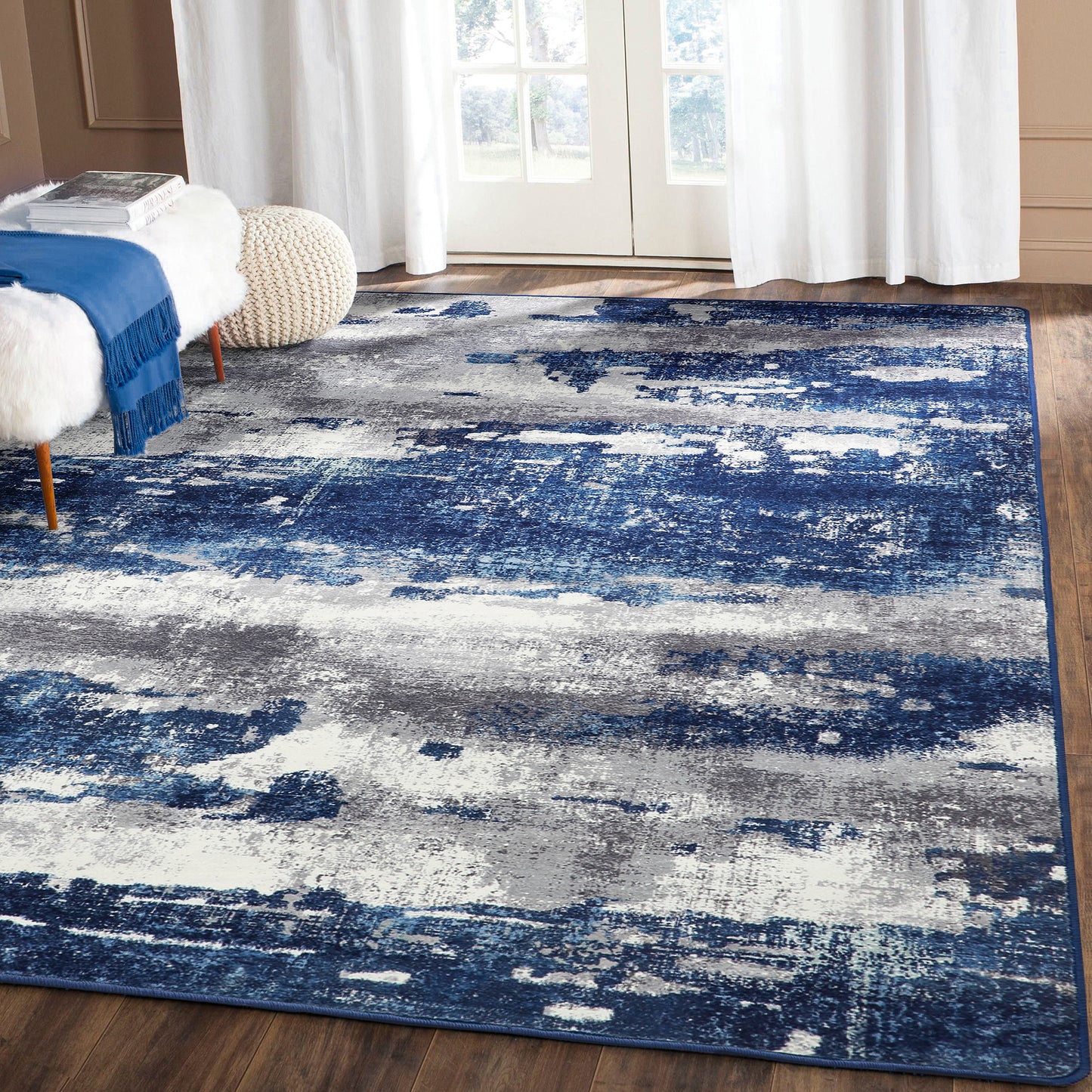 MCOW Area Rugs for Living Room Large Modern Machine Washable Vintage Rugs Distressed Abstract Print Blue Throw Rug for Bedroom Aesthetic, Non Slip Carpet with Gripper