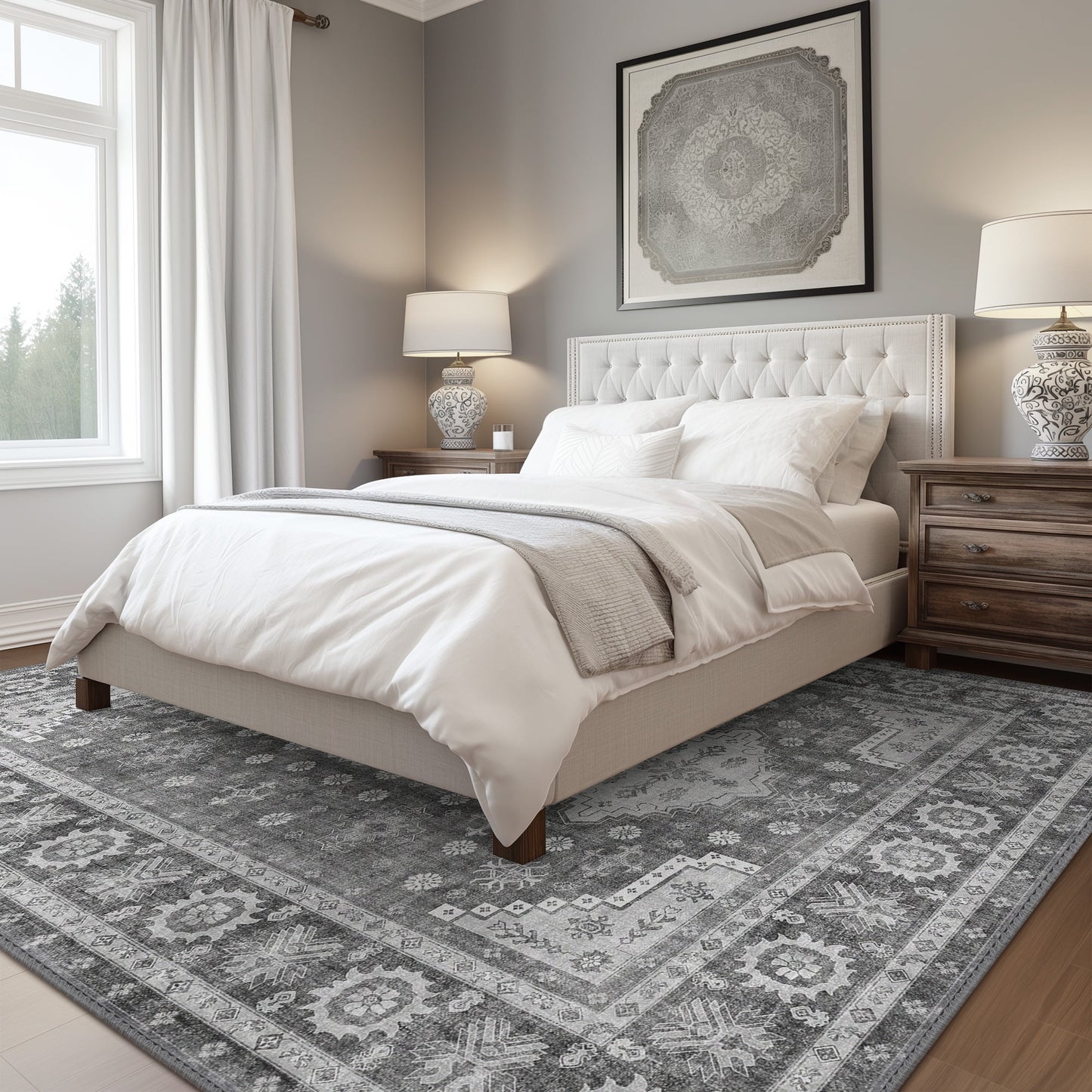 KUETH 6x9 Area Rugs for Bedroom Living Room, Machine Washable Stain Resistant Floor Cover, Large Print Boho Vintage Tribal Aesthetic Carpet, Low Pile Mat with Non Slip Rubber Backing, Distressed Gray