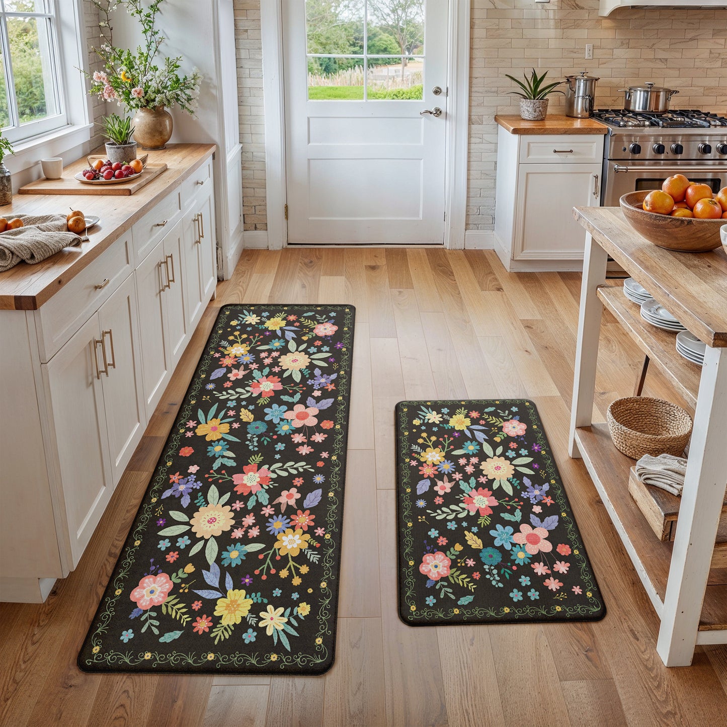 KUETH Kitchen Mats for Floor, Kitchen Rug with Anti Fatigue, Non Slip Washable Kitchen Rug, Set of 2 Kitchen Mat 17"x47"+17"x30", Runner Rug with Waterproof for Bathroon and Bedroom