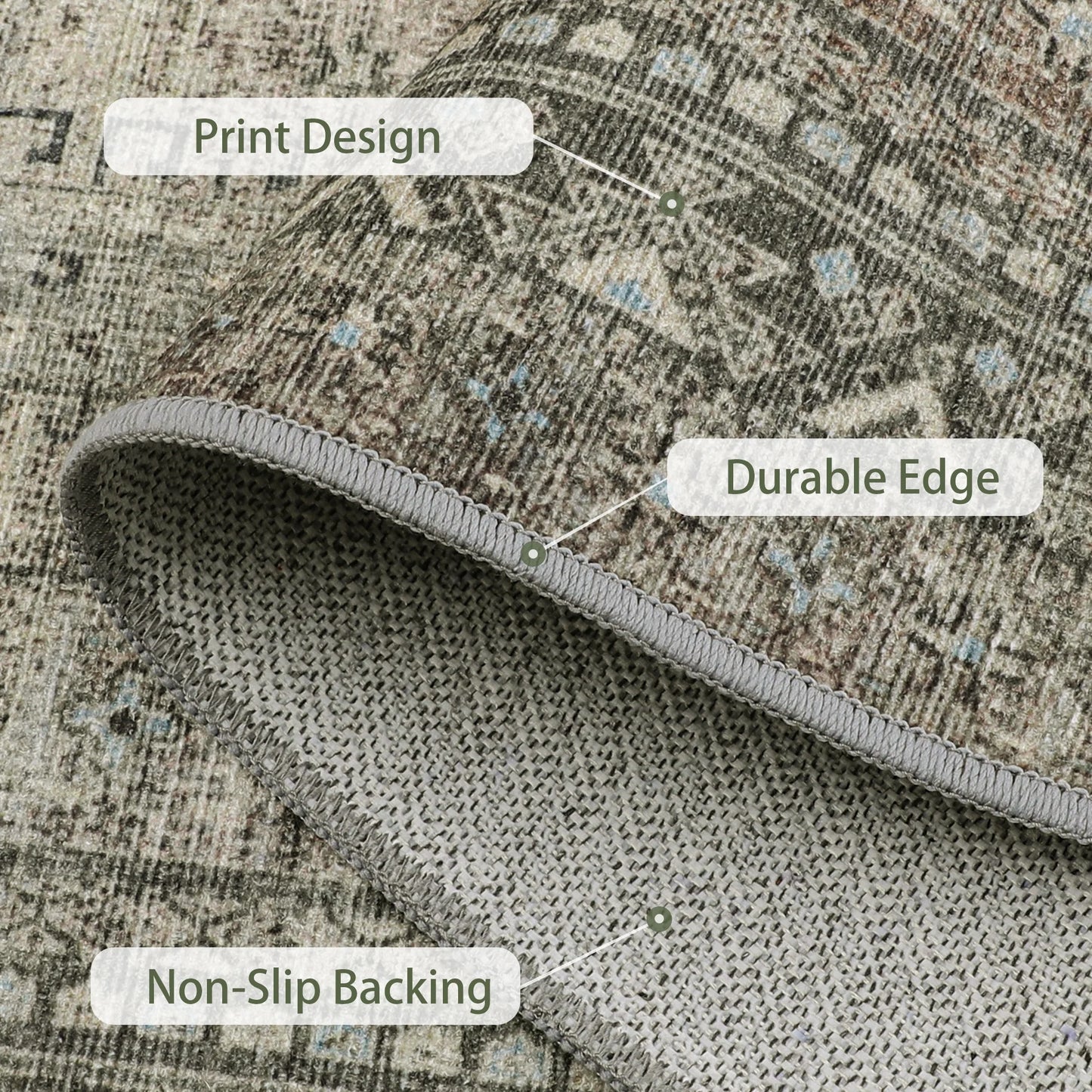 KUETH Area Rugs for Living Room 8x10 Machine Washable Bedroom Rugs Distressed Vintage Print Gray and Green Large Throw Rug Dining Room Aesthetic, Non Slip Carpet with Gripper