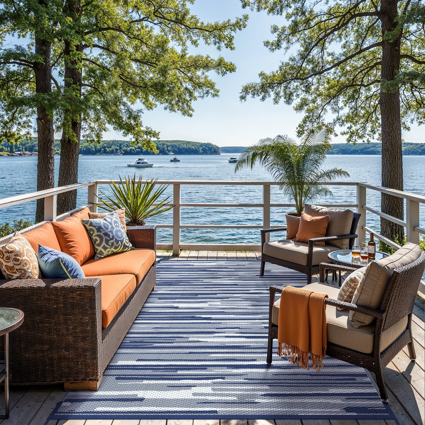 KUETH 6' x 9' Outdoor Waterproof Reversible Rug Camping Mat Abstract Patio Yard Carpet,BLUE&WHITE