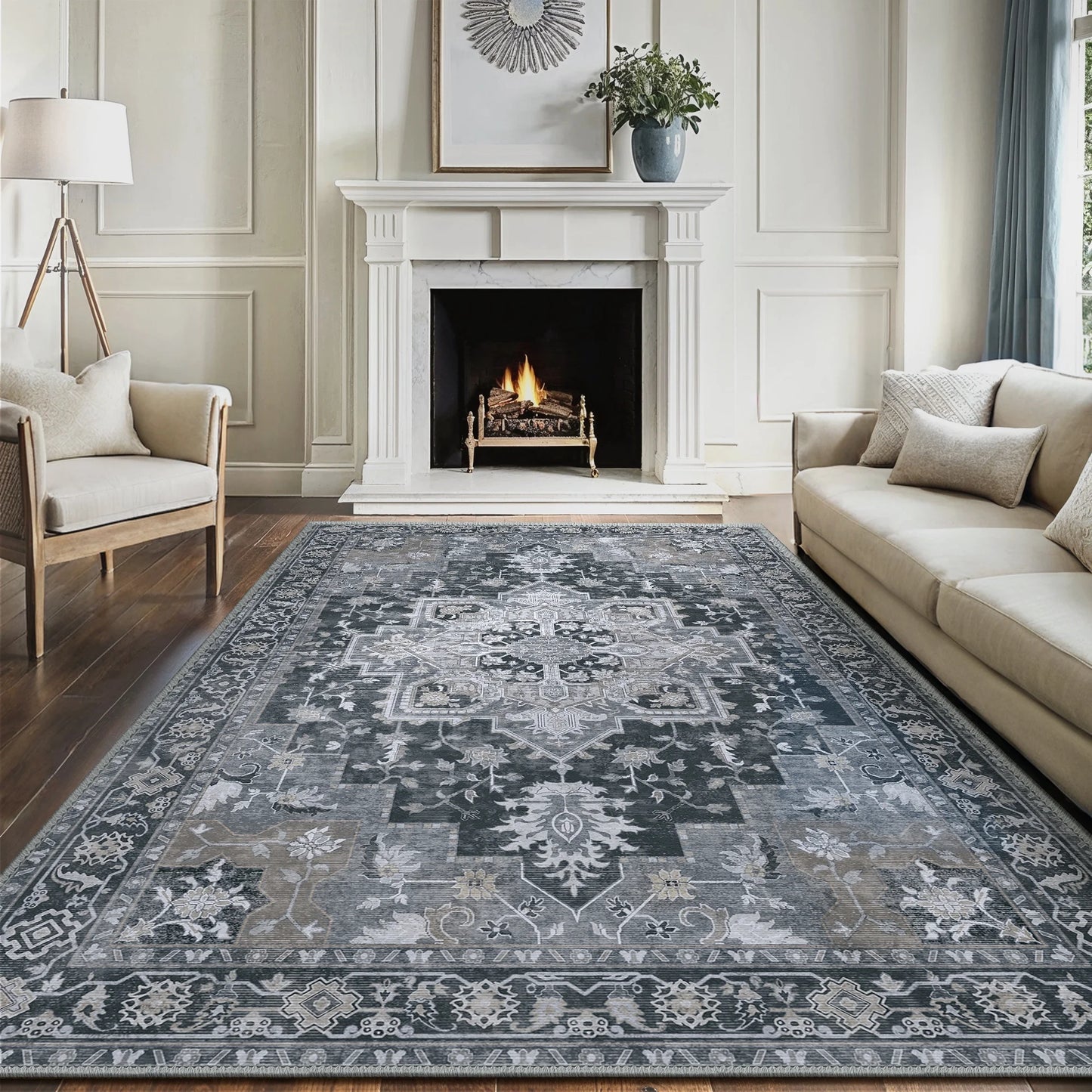 KUETH 9x12 Area Rugs for Living Room, Non Slip Machine Washable Low-Pile Rugs, Strain resistant and Ultra-thin Print Rug for Bedroom, Dining Room, Home Office.