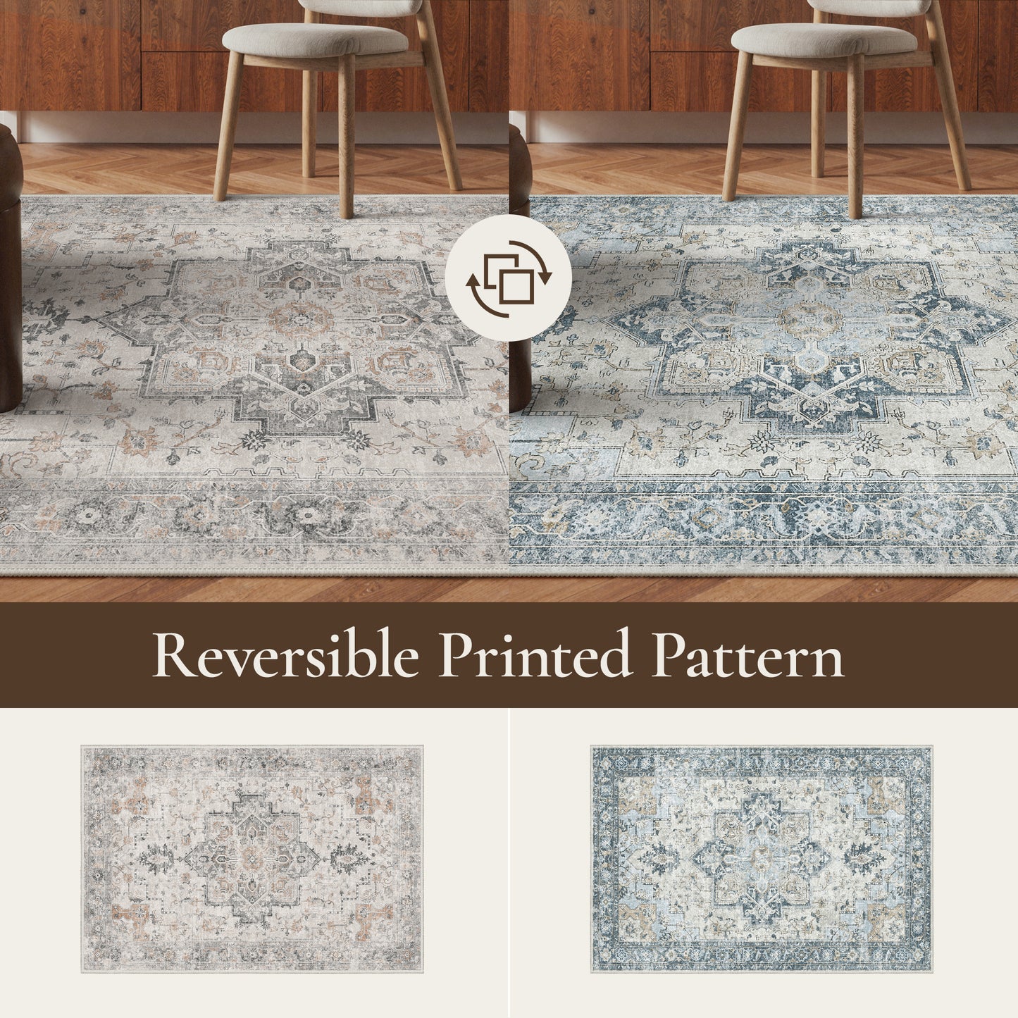 KUETH  Reversible Area Rug with Free Rug Pad, Machine Washable Rug, Dual Pattern Design Rug for Living Room, Bedroom, Entryway, Kitchen, Dining Room