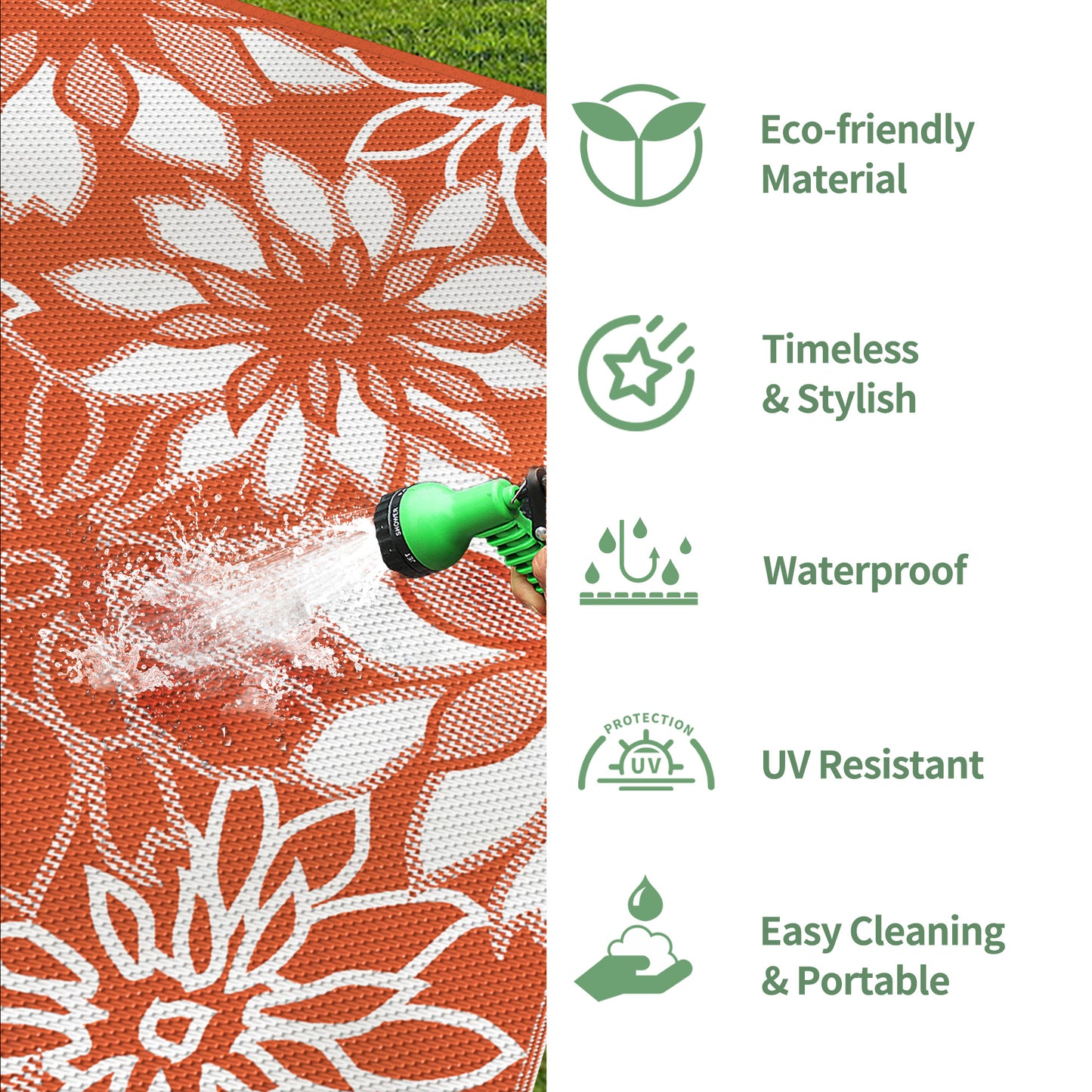 KUETH 6'x9' Outdoor Rug Waterproof Plastic Reversible Floral Patio Camping Outside Carpet,Orange White